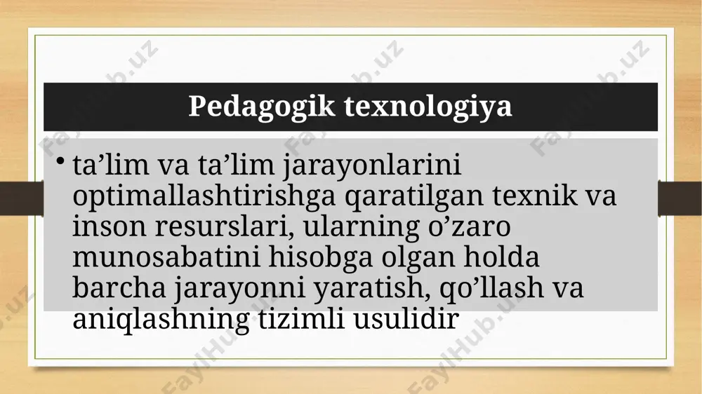 ntlari, diagrammalar, kartalar; audial - radio, magnitofon, musiqa asboblari; audioizual - ovozli filmlar, televidenie, kompyuterlar, didaktik mashinalar, elektron darsliklar. ta’limning texnik vositalari quyidagi funksiyalarni bajaradi: ta’limning sifati va samaradorligini oshiradi o‘quv jarayonining jadallashuvini ta’minlaydi o‘quvchilarni idrok qilishga yo‘naltiradi o‘quvchilarda bilimlarni egallashga nisbatan katta qiziqish hosil qiladi dunyoqarashni, ishonchni, o‘quvchilarning axloqiy qiyofasini shakllantirishga yordam beradi o‘quv ishiga nisbatan o‘quvchilarda emotsional munosabatni oshirishni ta’minlaydi bilimlarni nazorat, o‘zini-o‘zi nazorat qilishni ta’minlaydi ta’lim metodlari o‘rganilayotgan materialni egallashga qaratilgan turli didaktik vazifalarni hal etish bo‘yicha o‘qituvchining o‘rgatuvchi ishi va o‘quvchilarning o‘quv-bilish faoliyatini tashkil etish usullari yig‘indisi tushuniladi ta’lim metodining tarkibiy qismi yoki alohida tomoni. metodlar bilan usullar munosabati o‘zaro bir-biriga bog‘langan. usul va metod butun va qism sifatida bir-biriga bog‘lanadi. usullar yordamida faqat pedagogik yoki o‘quv vazifasining bir qismi hal qilinadi. xuddi shu metodik usullar turli metodlarda foydalanilgan bo‘lishi mumkin. va aksincha, xuddi shu metod turli o‘ qituvchilar tomonidan turli usullarda ochib berilishi mumkin ta’lim …