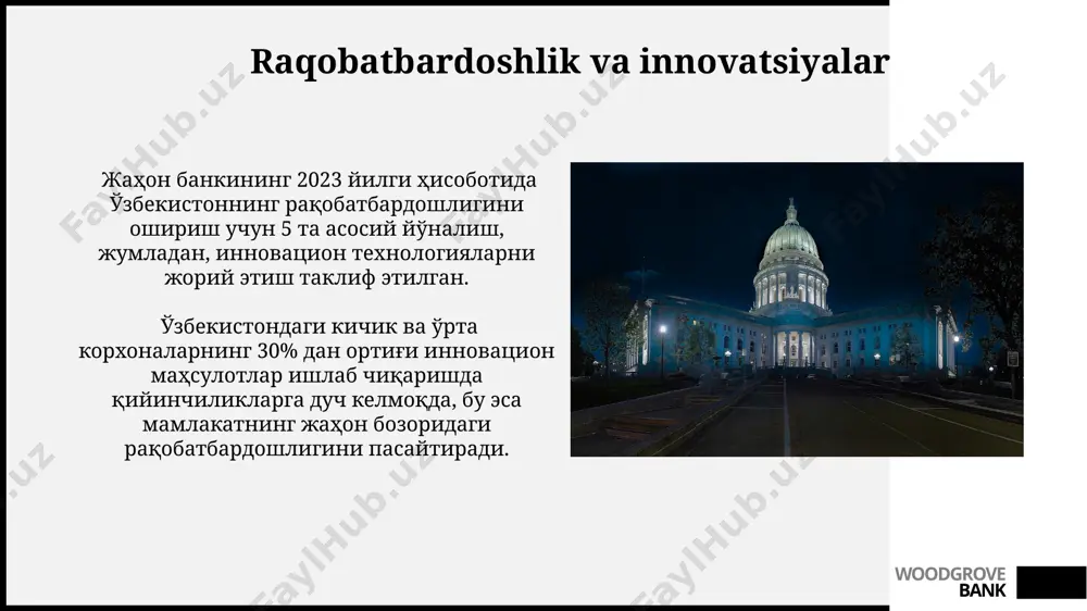 rlikning chuqurlashuvini ko'rsatadi. woodgrove bank yashirin iqtisodiyot va soliq siyosati soliq kodeksining 2019-yilda amalga oshirilgan oʻzgarishlari natijasida toshkent shahrida kichik va oʻrta biznes subʼektlarining soliq yukini 15% ga kamaytirishga erishildi. surxondaryo viloyatida 2023-yilning birinchi choragida qishloq xoʻjaligi mahsulotlarini eksport qilish hajmi 10% ga oʻsdi, bu yashirin iqtisodiyotni kamaytirishga va soliq bazasini kengaytirishga yordam berdi. woodgrove bank ishsizlik va mehnat bozori 2022-yilda o'zbekistonda ishsizlik darajasi taxminan 10% ni tashkil etdi, bu esa mamlakat iqtisodiyoti uchun jiddiy muammo hisoblanadi va samarqand viloyatida mehnatga layoqatli aholining ko'p qismi qishloq xo'jaligida band. toshkent shahrida it sohasidagi yuqori malakali mutaxassislarga bo'lgan talab yuqori bo'lib, o'rtacha oylik ish haqi 2000 aqsh dollaridan oshadi, bu esa mamlakatning iqtisodiy o'sishini qo'llab-quvvatlaydi. woodgrove bank tabiiy resurslar va ularni boshqarish 2030-yilgacha boʻlgan davr uchun qabul qilingan milliy dasturga koʻra, qazib olinadigan yoqilgʻi resurslarini samarali boshqarish orqali iqtisodiy oʻsishni 3% ga oshirish rejalashtirilgan. surxondaryo viloyatidagi oltin konlarining oʻrtacha yillik ishlab chiqarish …