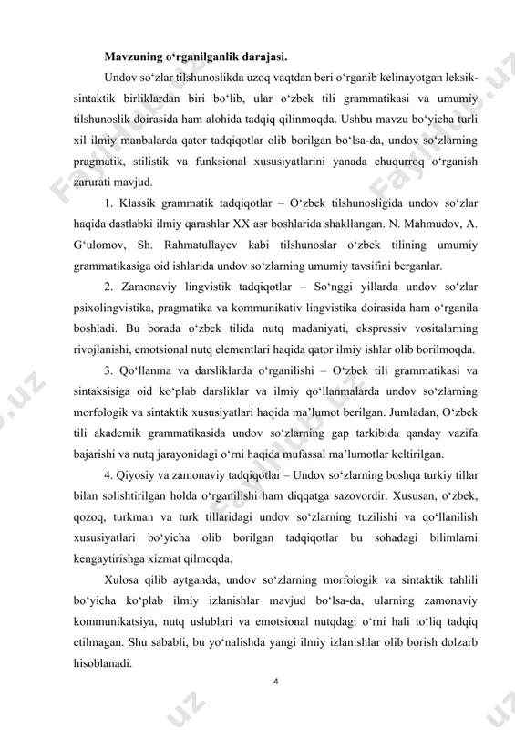 bo‘lgan undov gaplar: “voy, uyim yonib ketayapti!” (obyekt: uy). “eshitdingizmi, bola daryoga tushib ketdi!” (obyekt: bola) ❌ obyektga ega bo‘lmagan undov gaplar: “voy, nima qilay!” (faqat hissiyotni ifodalaydi, obyekt aniq emas). “oh, juda charchadim!” (hech qanday obyekt yo‘q, gap shaxsiy holatni ifodalaydi) 4. undov gapning qo‘llanilishi. undov gaplar hayotda ko‘p uchraydi va ular quyidagi maqsadlarda ishlatiladi: ajablanish: “voy, bu qanaqa go‘zallik!” quvonch: “oh-ho‘, biz g‘alaba qozondik!” qo‘rquv: “dod, bu nima ovoz?!” g‘azab: “qani, bu yerdan yo‘qol!” hayrat: “obbo, qanday katta bino ekan!” undov gaplarda predmet har doim bo‘ladi, chunki har bir gap biror fikr yoki hodisani ifodalaydi. ammo obyekt ba’zan bo‘lishi, ba’zan esa bo‘lmasligi mumkin. obyekt mavjud bo‘lsa, u gapda ta’sir qilinayotgan shaxs yoki narsani bildiradi.. kurs ishining maqsadi va vazifalari. 1. undov gapning asosiy maqsadi undov gapning asosiy maqsadi – insonning ichki hissiyotlarini ifodalash va muloqot jarayonida hissiy ta’sir o‘tkazish. bu gaplar hayajon, qo‘rquv, quvonch, ajablanish, g‘azab kabi holatlarni …