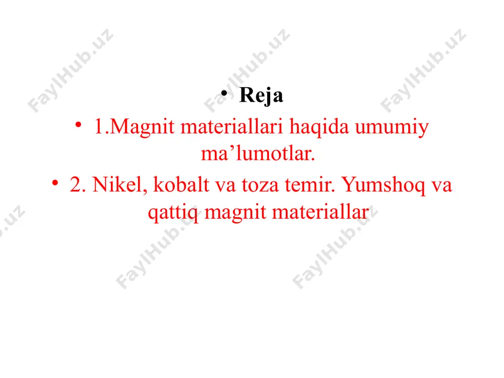 it materialining magnitlanish jarayoni gisterezis egri chizig’i b (h) bilan ifodalanadi va u barcha ferromagnitlarda bir-biriga o’xshash bo’ladi. materiallarning nisbiy magnit singdiruvchanligi magnit induktsiyasi (b) ning magnit maydoni kuchlanganligiga nisbati bilan aniqlanadi: magnit materiallarning magnit singdiruvchanligi birdan yuqori 01(r=0, 0=1,256610-6 gn/m) bo’ladi. ferromagnit materiallarning magnit singdiruvchanligi haroratga bog’liq bo’lib, kyuri nuqtasiga yaqin qiymatlarda r o’zining yuqori qiymatiga erishadi. magnit singdiruvchanlik cho’lg’amga magnit o’zak kiritilganda magnit oqimining ko’payishini bildiradi. bu yuksalish bir necha o’n ming martagacha ortadi. uzunligi l, kesim yuzasi s bo’lgan o’zakning magnit qarshiligi quyidagicha aniqlanadi: shunday qilib, g’altakka o’zak kiritilishi natijasida magnit qarshiligi  ga bog’liq ravishda kamayadi. magnit singdiruvchanligi bo’yicha barcha qattiq jismlar sust (diamagnit 1, paramagnit 1) va kuchli magnit materiallarga (ferromagnit 1) bo’linadi. magnit materiallari sifatida kuchli magnit materiallar qabul qilinib, ular magnit maydon kuchlanganligiga kuchli ravishda bog’liq bo’ladi. magnit induktsiyasi b va magnit maydon kuchlanganligi h o’rtasidagi bog’liqlik b=f(h) magnit materialining magnitlanish egri chizig’i …