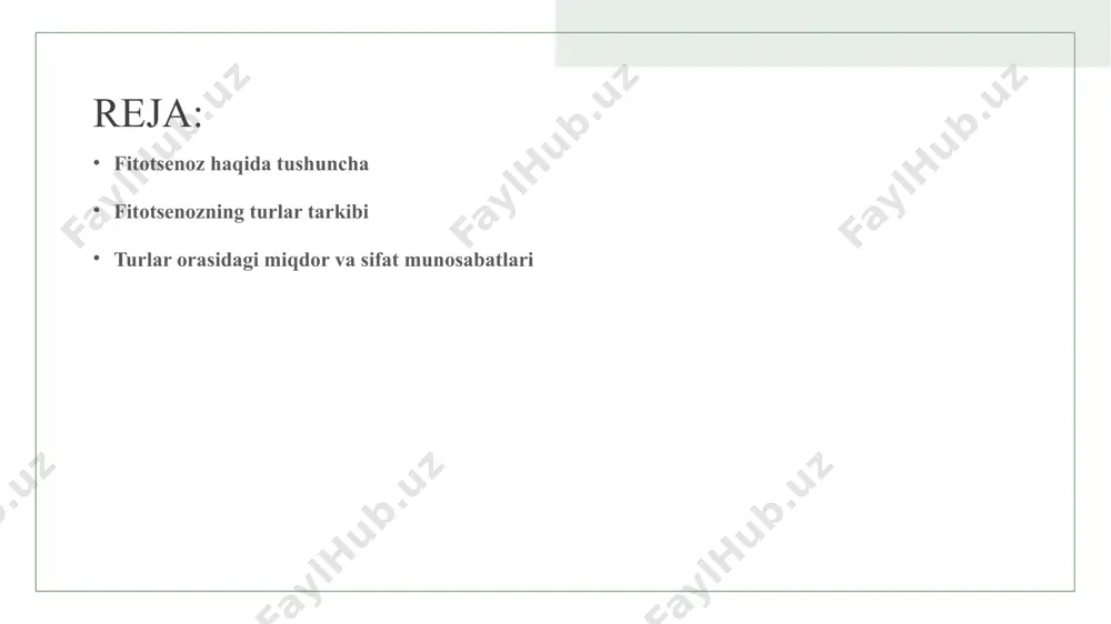 shini o'rganishda quyidagi belgilarni hisobga olish lozim. ftotsenozning floraviy tarkibi; fitotsenozni tashkil etuvchi turlar soni,ularning umumiy massasi, turlar nisbatlar; 3) har birindividlarning holati (ahvoli); 4) fitotsenozda turlarning vertikal va gorizantal taqsimlanishi hamda shu asosda strukturaviy qismlarga bo'linishi. akademik v. n. sukachevning klasifikatsiyasiga ko'ra fitotsenozni tashkil etgan turlar orasidagi munosabatni 3 guruhga birlashtirish .1. kontakt o'zaro munosabatlar. bunda fitotsenozda ikki yoki undan ortiqtur individlarining bir-biriga qo'shilib o'sishi yoki birining boshqasiga mexaniktarizda ta'sir qilishi tushiniladi. 2.transabiotik o'zaro munosabatlar. bunda o'simliklar uyushmasidagi turkomponentlari o'zlarining hayotida yuzaga keladigan oqibatlari bilan yondosh turindividlariga ta'sir qiladi. 3.transbiotik o'zaro munosabatlar. bunda jamoadagi turlar bir birlarigabevosita emas, balki uchinchi tur individlari orqali raqobotlashadi.turlar orasida miqdor va sifat munosabatlari. jamoadagi turlarmiqdorini raqamlar bilan yoki amalda qabul qilingan ballar bilan o'lchanadi 6 7 turlar orasida miqdor va sifat munosabatlari. jamoadagi turlar miqdorini raqamlar bilan yoki amalda qabul qilingan ballar bilan o'lchanadi.jamoadagi turlarning miqdor ko'rsatkichi ularning mo'llik darajasini bildiradi.mo'llik og'irlik, ball …
