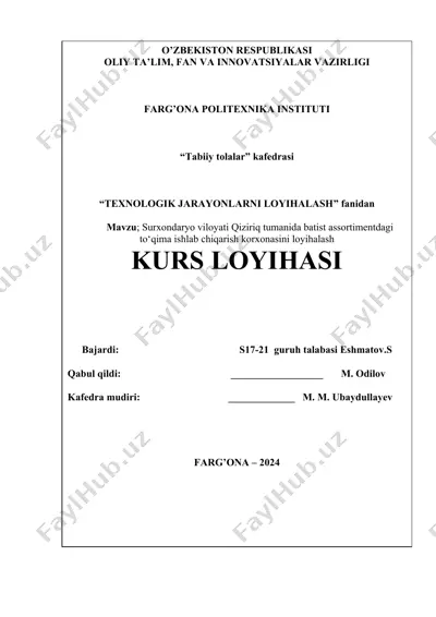 to'qima ishlab chiqarish korxonasini loyihalash kurs loyihasi — DOC