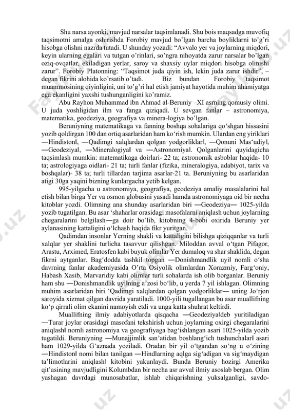 ylik yaratishdagi mehnat va mehnat qurollarining ahamiyatini, har xil hunar turlarini uqtirib o’tgach, qullikka keskin qarshi chiqdi. forobiy platonga o’xshab ideal tuzum to’g’risida fikr yuritdi. u kelajak haqida o’ylab, baxtga erishishning zarur va birlamchi shartini tashkil etuvchi o’zaro yordam va do’stlik tufayli bo’ladigan shaharni ideal shahar, deb hisoblagan; yer yuzida barcha xalqlarning o’zaro yordami asosida bir butun yagona jamiyat qurish mumkinligi to’g’risida, mahsulotlarni adolatli taqsimlash haqida fikrlar bildirgan. ammo forobiy mazkur o’zaro yordamning iqtisodiy asosi – mehnat mahsulotlarini ayirboshlashning zarurligini ko’rsatib bera olmadi. shu narsani qayd qilib o’tish kerakki, forobiy iqtisodiy masalalarni ikkinchi o’ringa surib qo’ydi. bu ayniqsa, uning davlat to’g’risidagi talqinida ko’rinadi, unda adolat o’rnatish, ommani ma‘rifatli qilish uning asosiy funksiyalaridan, deb e‘tirof etiladi. forobiyning mulkchilik to’g’risidagi qarashlari. abu nasr forobiy mulkchilik haqida fikr yuritib, mulkka egalik qilish, undan maqsadga muvofiq foydalanish, o’ziga to’q yashash to’g’risidagi ilg’or fikrlarni ilgari suradi. u odamlarga, avlodlarga zarar keltirmaydigan mol-mulk orttirish foydali ish …