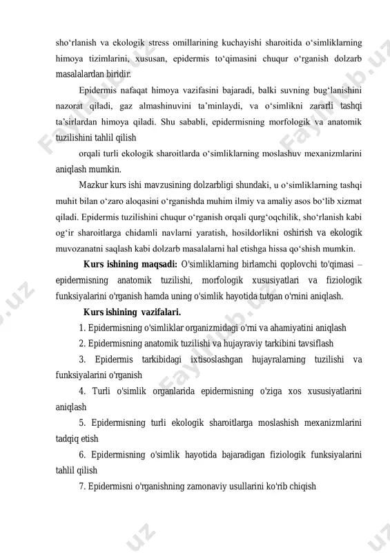 a hujayraviy tarkibini tavsiflash 3. epidermis tarkibidagi ixtisoslashgan hujayralarning tuzilishi va funksiyalarini o'rganish 4. turli o'simlik organlarida epidermisning o'ziga xos xususiyatlarini aniqlash 5. epidermisning turli ekologik sharoitlarga moslashish mexanizmlarini tadqiq etish 6. epidermisning o'simlik hayotida bajaradigan fiziologik funksiyalarini tahlil qilish 7. epidermisni o'rganishning zamonaviy usullarini ko'rib chiqish o'simliklar to'qimalarining klassifikatsiyasida epidermis qoplovchi to'qimalar guruhiga mansub bo'lib, birlamchi qoplovchi to'qima hisoblanadi. o'simlik organizmida to'qimalar uch guruhga bo'linadi: hosil qiluvchi (meristema), asosiy va vaqtinchalik to'qimalar. asosiy to'qimalar o'z navbatida qoplovchi, asosiy, mexanik, o'tkazuvchi va ajratuvchi to'qimalarga bo'linadi. epidermis qoplovchi to'qimalarga mansub bo'lib, vaqt o'tishi bilan ikkilamchi qoplovchi to'qima – peridermis bilan almashishi mumkin. epidermis nafaqat o'simliklarda, balki odam va hayvonlarda ham mavjud, ammo ularning tuzilishi va funksiyalari bir-biridan jiddiy farq qiladi. o'simlik epidermisi odatda bir qavat tirik hujayralardan tashkil topgan bo'lib, uning tashqi yuzasi kutikula bilan qoplangan. o'simlik epidermisida og'izchalar (stomalar), tukchalar (trixomalar) va boshqa ixtisoslashgan hujayralar mavjud bo'lib, ular o'simlik organizmining …
