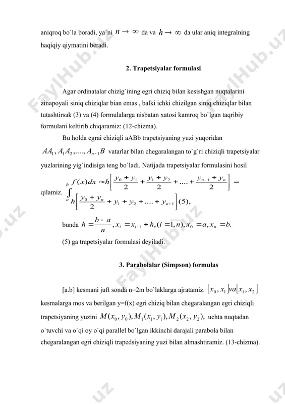 chetdagi ordinatalar esa egri chiziqning kesma o`rtasidagi ordinatasi. isboti [1], 455 betda. (7) formuladan foydalanib, quyidagi taqribiy qiymatlarni yozamiz. yuqoridagi taqribiy qiymatlarning chap va o`ng tomonlarini qo`shib, chapda izlanayotgan integralni, o`ngda esa uning taqribiy qiymatini xosil qilamiz: yoki (9) formulaga simpson formulasi deyiladi. bu yerda bo`linish nuqtalarining soni 2m ixtiyoriy, lekin bu son qancha katta bo`lsa, (9) tenglikning o`ng tomonidagi yig`indi integral qiymatini shuncha aniq ifodalaydi. 18-misol. integralni to`g`ri ro`rtburchaklar trapetsiya va simpson taqribiy formulalardan foydalanib 0.0001aniqlikda hisoblang. yechish. [2;10] kesmani teng n=8 ta bo`lakka bo`lamiz. u holda bo`ladi. integral ostidagi funksiya qiymatlari jadvalini tuzamiz: 2-jadval x x 1-usul. to`g`ri to`rtburchaklar usuli. (3) formulaga asosan: (3) formulaga asosan: 2-usul. trapetsiyalar usuli, (3) formulaga asosan: 3-misol. parabolalar (simpson) usuli. 2m=8 deb olib, ekanligini etiborga olsak, (9) formulaga asosan: shunday qilib, berilgan integralni to`g`ri to`rtburchaklar formulasi yordamida hisoblab 13.1432 va 10.8221, trapetsiyalar formulasi yordamida hisoblab 11.9826, parabolalar formulasi yordamida hisoblab 11.8343 bo`lishini …