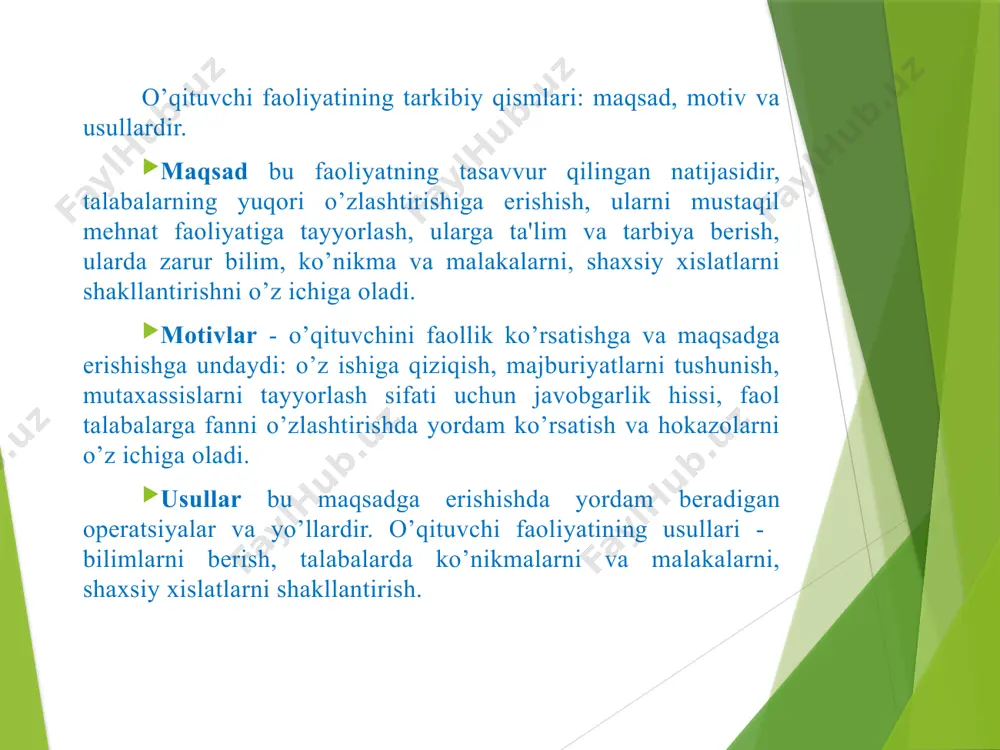 adabiyot, tarix va boshqa shu kabi fanlar sohasiga xos qobiliyatlardir. pеrtsеptiv qobiliyatlar - bu o’quvchining, tarbiyalanuvchining ichki dunyosiga kira bilish, psixologik ko’zatuvchanlik, o’quvchi shaxsining vaqtinchalik psixik holatlari bilan bog`liq nozik tomonlarini tushuna bilshidan iborat qobiliyatdir. nutq qobiliyati - kishining o’z tuyg`u-hislarini nutq yordamida, shu bilan birga mimika va pantomimika yordamida aniq va ravshan qilib ifodalab bеrish qobiliyatidir. tashkilotchilik qobiliyati -bu birinchidan, o’quvchilar jamoasini uyushtira bilish, bunda jamoani jipslashtira olish va ikkinchidan, o’zining shaxsiy ishini to’g`ri tashkil qila olish qobiliyatidir. avtoritar qobiliyati - bu o’quvchilarga bеvosita emotsional -irodaviy ta'sir etib, ularda obro’ orttira bilishdan iborat qobiliyatdir kommunikativ qobiliyatar- bu bolalar bilan muloqotda bo’lishga, o’quvchilarga yondashish uchun to’g`ri yul topa bilishga, ular bilan pеdagogik nuqtai-nazardan maqsadga muvofiq o’zaro aloqa bog`lashga pеdagogik taktning mavjudligiga qaratilgan qobiliyatdir. pеdagogik xayol - bu kishniing o’quvchilar shaxsini tarbiyaviy tomondan loyihalashtirishda o’z ish-xarakatlarining natijasini oldindan ko’ra bilishda namoyon bo’ladigan qobiliyatdir. diqqatni taqsimlay olish qobiliyati - bu qobiliyat bir …