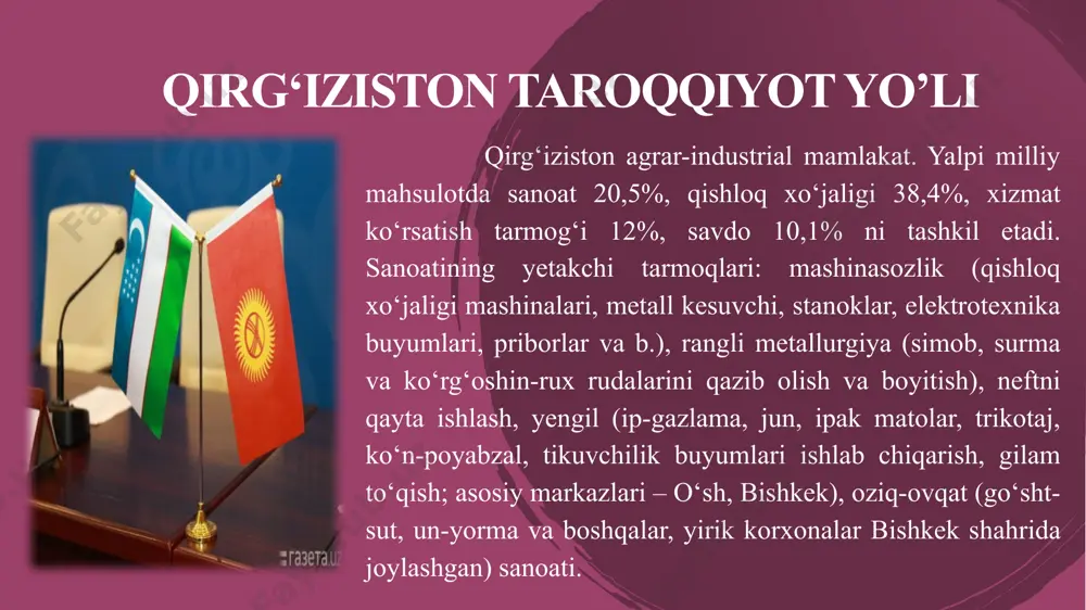 ntabriga kelib respublika oʻz mustaqilligini eʼlon qildi. tojikiston mustaqilligi 1991-yilning 26-dekabrida sovet ittifoqi parchalanib ketganidan keyin tan olindi. tojikiston respublikasi tojikiston respublikasi— oʻrta osiyoning janubi-sharqida joylashgan davlat. sovet ittifoqidan 1991-yil 9-sentabrda mustaqil bo’lib chiqqan va sentabr kuni bayram sifatida nishonlanadi. maydoni 143.100 ming km². aholisi 8,486,300 kishi (2014). gʻarbiy va shimoli-gʻarbiy tomonidan oʻzbekiston bilan, shimoliy tomonidan qirgʻiziston, sharqiy tomonidan xitoy bilan va janubiy tomonidan afgʻoniston davlatlari bilan chegaradosh. poytaxti — dushanbe shahri. maʼmuriy jihatdan togʻli badaxshon muxtor viloyati, 2 viloyat va 45 tumanga boʻlinadi. tojikistonning dengizga chiqish imkoniyati yo'q. tojikiston prezidenti imomali rahmon. bosh vazir: qohir rasulzoda. 16 tojikiston — respublikasi, unitar demokratik ijtimoiy -huquqiy davlat. amaldagi konstitutsiyasi 1994-yil 6-noyabrda qabul qilingan. davlat boshligʻi — prezident (1994-yildan imomali rahmon), u tojikiston fuqarolari tomonidan 7 yil muddatga saylanadi. qonun chiqaruvchi hokimiyatni majlisi oliy, ijrochi hokimiyatni bosh vazir boshchiligida vazirlar kengashi (hukumat) amalga oshiradi. turkmaniston mustaqilligi 1991-yilda sovet ittifoqi parchalanganidan keyin mustaqillikka …
