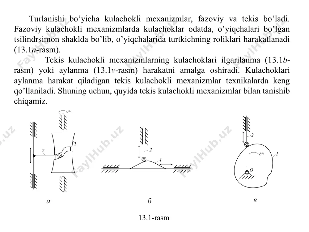 simal radiusi bilan minimal radiusi orasidagi farq. kulachokning yaqinlashishi burchagi (φya)-kulachokning minimal radiusi chizgan av yoyning burchagi. kulachok profilining shu qismida turtkich harakatsiz bo’lib, o’zining eng quyi holatini egallaydi. kulachokning ko’tarilish burchagi (φk)-kulachokning minimal radius chizgan yoy bilan maksimal radiusi chizgan yoylaring eng chetki nuqtalarini tutashtiruvchi as yoyning burchagi. kulachok profilining shu qismida turtkich eng quyi holatidan yuqori holatiga ko’tariladi. kulachokning uzoqlashish burchagi (φu)- kulachokning maksimal radius chizgan sd yoyning burchagi. kulachok profilining bu qismida ham turtkich harakatsiz bo’lib, o’zining eng yuqori holatini egallaydi. kulachokning qaytish burchagi (φq)-kulachokning maksimal radius chizgan yoy bilan minimal radiusi chizgan yoylaring eng chetki nuqtalarini tutashtiruvchi da yoyning burchagi. kulachok profilining shu qismida turtkich eng yuqori holatidan quyi holatiga qaytadi. kulachokning ishchi burchagi (φi)-kulachokning kulachokning kutarilish, uzoqlashishi va qaytish burchaklarining yig’indisiga teng bo’lgan burchak. u quyidagicha aniqlanadi kuchachokning barcha burchaklarinig yig’indisi 360o ga teng bo’lishi shart, ya’ni kulachokli mexanizmlar normal ishlashini ta’minlash juda katta ahamiyatga …