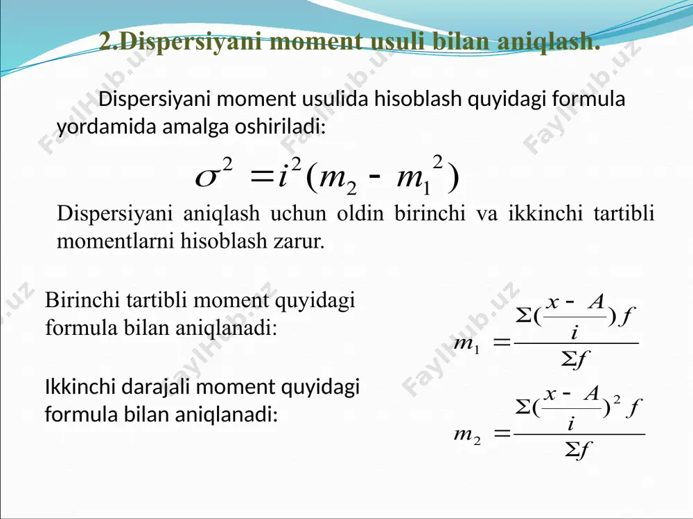 idagi formula yordamida amalga oshiriladi: dispersiyani aniqlash uchun oldin birinchi va ikkinchi tartibli momentlarni hisoblash zarur. birinchi tartibli moment quyidagi formula bilan aniqlanadi: ikkinchi darajali moment quyidagi formula bilan aniqlanadi: muqobil (alternativ) belgi dispersiyasi alternativ - o`zagi lotincha «alter» - ikkitadan biriga asoslangan - frantsuzcha «alternative» so`z bo`lib, bir-birini o`zaro inkor qiluvchi imkoniyatlardan yoki yo`llardan har biri degan lug`aviy ma`noga ega. alternativ belgi deb o`rganilayotgan to`plam birliklarining bir qismida uchraydigan, boshqa qismida esa uchramaydigan xossalar ataladi. masalan, iste`molchilarning bir qismi ayni tovarni iste`mol qilishga moyil, boshqa qismi moyil emas. muqobil belgilar dispersiyasi. bir-birini taqozo qilmaydigan belgilar muqobil belgilar deyiladi. muqobil belgi to’plamning bir birligida uchrasa, ikkinchi birligida uchramaydi. muqobil belgi bo’yicha o’rtacha qiymat quyidagicha hisoblaniladi: 3.dispersiya turlari va uning qo’shish qoidasi birliklarning chetlanishiga ta’sir qiluvchi omillar uch guruhga bo’linadi umumiy dispersiya guruhlararo dispersiya guruh ichidagi dispersiya umumiy dispersiya o’rganilayotgan to’plamdagi hamma sharoitlarga bog’liq belgi variatsiyasini xarakterlaydi va quyidagi formula bilan …