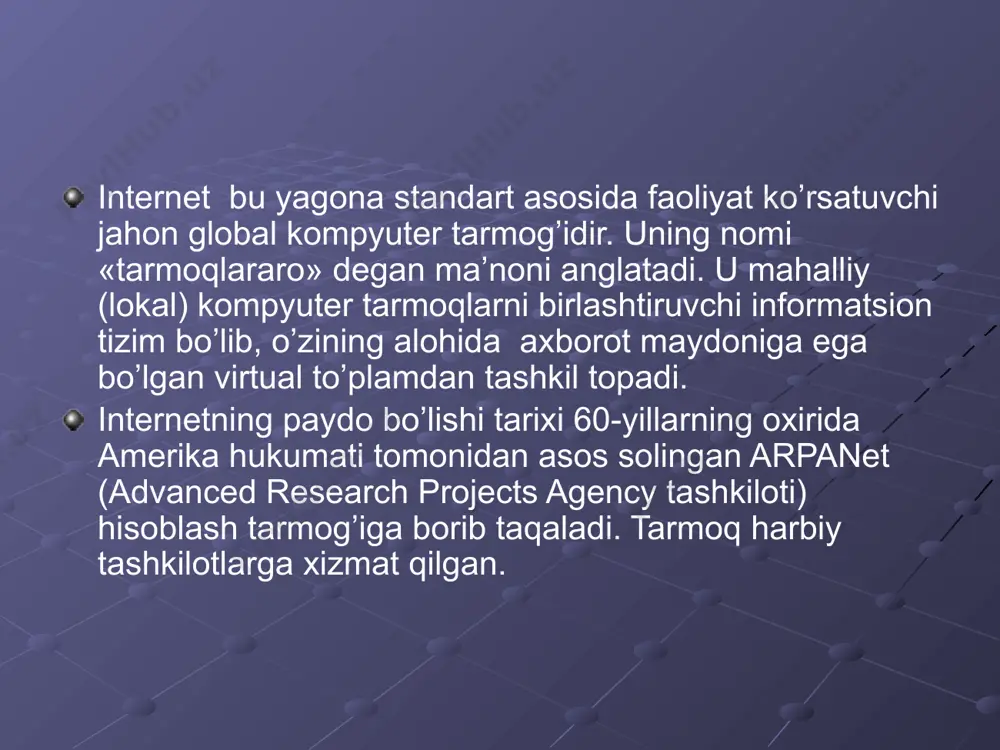 ni beradi. matnlar bilan bir katorda wwwxujjatlarda rangli xarakatlanuvchi tasvirlarni, turli video kliplarni, umuman multimedia ma'lumotlarni kurish mumkin. matndan tashkari boshka shakdagi ma'lumotlarni beruvchi xujjatlar gipermedia xujjatlari deyiladi. web - internet tarmoklarida joylashgan fayllar tuplami bulib, ularning soni soat sayin kupayib bormokda. bu fayllarda ma'lumotlarning turli xillarini; matn, grafik, tasvirlar, video, audio ma'lumotlarini uchratish mumkin. www asosiy konpentsiyalari internet tushunchasiga uxshab world wide web muayyan ma'lumotlar resurslarini o’zida jamlagan serverlar tuplamidir. amalda www doimo uzgarishda, yangi - yangi www kontseptsiyalari bilan tanishish «dunyo urgimchaklari»ni tushunish imkonini beradi. www loyixasi www xakida tula ma'lumotlarni kuyidagi manzil (ushbu manzil cern tadkikot markazida yuzaga kelgan server www saxifasiga utkazadi) http:/ / info. cern.ch/hypertext/ www / the projekt. html buyicha olib, unda www sistemasi xakida texnik axborotlar va boshka kup ma'lumotlarni kurish mumkin. www serveri ruyxatida mavzular buyicha birlashgan guruxlar ruyxatini, mamlakatlar buyicha va axborot servisi turlari buyicha turli ma'lumotlar tanlanadi. u erda www …