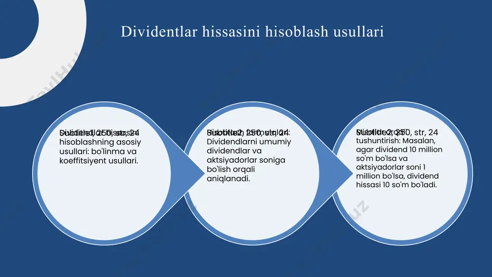 sir ko'rsatadi. u investorlar ishonchini mustahkamlashga yordam beradi, kompaniyaning moliyaviy barqarorligini belgilaydi va aktsiya narxining o'zgarishiga ta'sir qiladi. bozor reaktsiyalari dividendlar miqdoriga bog'liq bo'lib, yuqori dividendlar investorlarning ishonchini oshiradi. shu bilan birga, dividendlar hissasi kompaniyaning uzoq muddatli rivojlanish strategiyasiga ham ta'sir ko'rsatadi. photo by yaroslav zotov on unsplash dividentlar hissasining o'zgarishi dividentlar hissasi vaqti bilan o'zgaradi, bu korxona moliyaviy holati, daromad va dividend siyosatiga bog'liq. foydalanuvchi uchun muhim bo'lgan o'zgarishlar sabablarini tushuntiradi. o'zgarishlar, daromad o'zgarishi, siyosat o'zgartirishlar, moliyaviy natijalar va bozor sharoitlariga bog'liq. misol uchun, iqtisodiy inqiroz yoki yuqori daromad dividendlarni ta'sir qiladi. dividendlar hissasining o'zgarishi investorlar kutilgan daromadlariga va kompaniya aksiyalarining qiymatiga ta'sir qiladi. bu, investorlar uchun muhim ma'lumot hisoblanadi. strategik, bozor va iqtisodiy omillar dividend hissasining o'zgarishiga ta'sir qiladi. to'g'ri ma'lumotlar investorlar uchun muhim, ular bozor sharoitlarini tushunishlari uchun zarur. 1 2 3 4 dividentlar hissasining kelajagi bozor tendensiyalari va texnologik rivojlanishlar investorlar uchun yangi imkoniyatlar yaratmoqda. sun'iy …