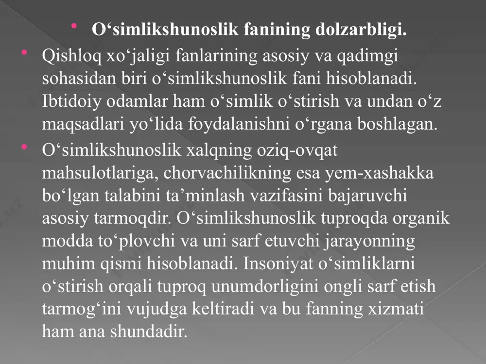 қурғоқчиликка, шўрга, касалликлар, зараркунандаларга, табиатнинг бошқа ноқулай омилларига чидамли навларини амалиётга жорий этиш органик ва маъданли ўғитлардан фойдаланиш самарадорлигини ошириш муаммоларини ҳал этиш лозим бўлади. 1.4 дала экинларини келиб чиқиш марказлари маданий ўсимликларни келиб чиқиши марказлари (8 та) хақидаги таълимотни машхур рус олими н. и. вавилов (1887-1943) ер юзидаги ўсимликларнинг нав бойликларини ўрганиш натижасида яратади. яна бир таниқли рус олими п. м. жуковский, н. и. вавилов таълимотини ривожлантириб маданий ўсимликларнинг келиб чиқиши ва шаклланишининг 4 марказини аниқлади. ҳозирда маданий ўсимликларнинг келиб чиқиш ва шаклланишининг 12 марказлари мавжуд. шоли, ғўза, себарга, тамаки, эвкалипт, акатция ва цитрус ўсимликларининг кўп турлари келиб чиққан. 3. австралия маркази сули, шакар қамиш, саг ва кокос палмаси, мева ва сабзавот экинлари келиб чиққан. 2. индонезия – жанубий хитой маркази бу марказда хитой бирламчи, япон маркази, хитой марказининг таъсирида ҳосил бўлган. хитой, корея, япониянинг субтропик минтақасида жойлашган бу марказ маданий ўсимликларнинг турларига бойлиги билан ажралиб туради. тариқ, қўноқ, …