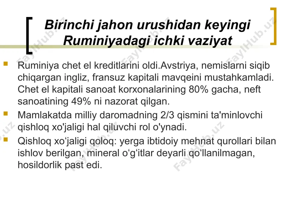 40 yillar qirol kerol ii hukmronligi. qirollik diktaturasi (1938-1940) kerol ii 1927 yil iyul oyida ferdinand vafot etdi va uning o'rnini to'ng'ich o'g'li karol egallashi kerak edi. biroq knyazning mustabid niyatlari va kamchiliklari hech kimga sir emas edi va shuning uchun ferdinand taxtni olti yoshli nabirasi karolning o‘g‘li mixayga vasiyat qildi. podshohning go‘dakligi munosabati bilan uning qoshida podshohlik kengashi tuzildi. aynan shu davrda fashistik tashkilotlar hukumatga bosimni kuchaytirdilar. 1930 yilda ruminiyaga qaytish tufayli vaziyat yanada beqarorlashdi. kerol. u o'z o'g'lining tojidan mahrum qilib, "buyuk gubernator" unvonini berib, o'zini qirol - kerol ii deb e'lon qildi. kerol ii ayni paytda, b. mussolini va a. gitlerning ruminiyalik izdoshlari 1931 yilda bir partiyaga - knyaz kantakuzen boshchiligidagi temir gvardiyaga birlashdilar va haqiqatan ham hokimiyatga da'vo qila boshladilar. 1933 yil dekabr oyining oxirida antantaga qarshi ergashgan bosh vazir i. duka zaliznogvardiytsivning terroristik harakati natijasida halok bo'ldi.bu avtoritar hokimiyatni mustahkamlash uchun signal edi. kerol ii …