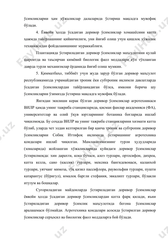 а ўсадиган доривор ўсимликлар маҳсулотини йиғишга қараганда иқтисодий жиҳатдан анча арзонга тушади. ўзбекистонда доривор ўсимликлар асосан турли тупроқ иқлим ҳудудларида жойлашган қишлоқ ва сув хўжалик вазирлигига қарашли хўжаликларда экилади. ўзбекистон республикасида биринчи марта 1973 йилда тошкент вилояти бўстонлиқ туманидаги хўжаликларда доривор ўсимликлар экила бошлади. кейинроқ (1978 йилда) наманган вилояти поп туманида ибн сино номли доривор ўсимликлар ўстириладиган хўжалик ташкил қилинди. бу хўжалик далаларида қалампир ялпиз, доривор мармарак (маврак), доривор тирноқгул, наъматак, аччиқ шувоқ (эрман), бўлакли итузум, майда гулли тоғрайхон ва бошқа ўсимликлар ўстирилган. улардан йиғилган маҳсулотлар ўзбекистон дорихоналарини таъминлаш учун ҳамда чимкент кимё-фармацевтика заводи ва бошқа корхоналарга жўнатилган. ҳозирги кунда доривор ўсимликларни ўстириб етиштирадиган махсус хўжаликлар бухоро, қашқадарё, самарқанд, сурхондарё ҳамда тошкент вилоятларида ташкил қилинган. республикамизнинг қарийб ҳамма вилоятларидаги „фармация“ ишлаб чиқариш бирлашмалари қошида доривор ўсимликлар ўстирадиган майдончалар ташкил қилинган бўлиб, уларда вилоят дорихоналар талабига биноан тегишли ўсимликларни ўстирмоқдалар. ҳозирги кунда тошкент вилояти чирчиқ туманидаги доривор ўсимликларга ихтисослашган охунбобоев номли …