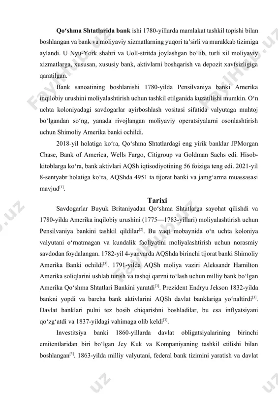 ani qoʻzgʻatdi va 1837-yildagi vahimaga olib keldi[3]. investitsiya banki 1860-yillarda davlat obligatsiyalarining birinchi emitentlaridan biri boʻlgan jey kuk va kompaniyaning tashkil etilishi bilan boshlangan[3]. 1863-yilda milliy valyutani, federal bank tizimini yaratish va davlat kreditlarini berish uchun milliy bank qonuni qabul qilindi[3]. biroq, bu vaqtda hamma davlatlar ham ittifoqqa rasman qoʻshilmagan edi. 1907-yilgacha shtatga aylanmagan oklaxoma hududida, muskogi meri hb spaulding 1902-yilda territorial trust and surety kompaniyasi vitse-prezidenti lavozimidan isteʼfoga chiqdi, chunki uning spaulding mercantile kompaniyasiga xususiy bank tashkil etish uchun ustav berildi. xuddi shunday 1903-yilda yana bir qancha xususiy banklar tashkil etildi. oklaxomalik zamonaviy bankirlardan biri aqshga tegishli boʻlmagan xususiy banklarning hayotiyligini himoya qilar ekan, banklarning kam sonli nosozliklari „qisman hosil etishmovchiligi tufayli depozitlarning pasayishi“ natijasida yuzaga kelganligini taʼkidladi[4]. 1913-yilda federal zaxira tizimi tashkil etildi va pu l- kredit siyosatini amalga oshira boshladi[3]. buyuk depressiya investitsiya va tijorat banklari oʻrtasidagi „glass-steagall qonuni“ deb nomlanuvchi[3] ajralishini koʻrsatdi, ammo qonun 1991-yilda bekor …
