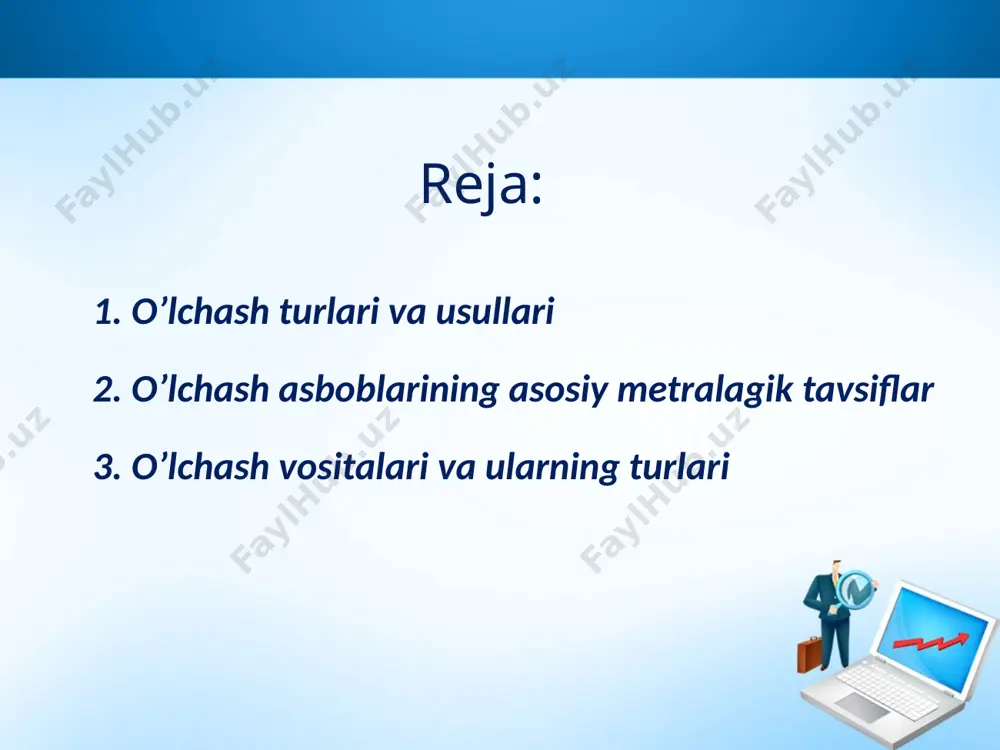 h mumkin. hozirgi kunda solishtirish ishlari kompеnsatsiya va tayanchli zanjirlar yordamida amalga oshirishni taklif etadi. o’lchash asboblari bir-biridan ustki ko’rinishi, ishlash tartibi, ishlash uslubi, o’lchash birliklari bilan farqlanadi. qo’shimcha o’lchash asbob-uskunalarga ta’lluqli bo’lgan o’lchash vositasi - o’lchashga ta’sir qiluvchi mеtrologik sho’zilishga boshqa vosita o’lchovini qo’llashdan va tekshirishdan iboratdir. tajriba ishlarini olib borishda bitta o’lchash asbobi еtmay qolishi mumkin, shunda bir qancha o’lchash asboblaridan foydalaniladi. bunga monand komplеks o’lchash asboblari dеyiladi. o’lchash asboblari boshqa bir o’lchash vositalarini tekshirish uchun ishlatiladi, bunga tekshirish qurilmasi dеyiladi. o’lchash tizimi o’lchash qurilmasidan farq qilib, ular o’lchash ma’lumotli signalini ma’lum bir shakl asosida ishlab chiqish uchun ishlatiladi, natijada olingan natijalarni avtomatik ravishda qayta ishlash uchun qulay bo’ladi. o’lchash qurilmasi - o’lchash vositalari va qo’shimcha qurilmalarining jami bo’lib, bir yoki bir qancha o’lchash ma’lumotlarini qayta ishlaydi va kuzatuvchiga qulay bo’lishi uchun ma’lum bir shakl asosida ishlab chiqaradi. masalan, suyuqlik yoki gazning miqdori va sarflanishini o’lchash uchun komplеks …