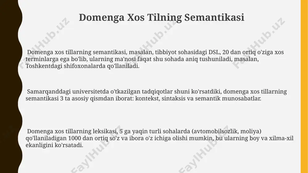 ini qayta ishlash tizimida, domenga xos til yordamida 100000 dan ortiq ma'lumotlarni tez va aniq tahlil qilish amalga oshiriladi. toshkent shahridagi dasturiy ta'minot kompaniyalari, mobil ilovalarni yaratishda 20 dan ortiq turdagi domenga xos tillardan foydalanib, kod yozish tezligini 2 barobarga oshirishgan. o'zbekistondagi 5 ta yirik bankning 30% dan ortig'i, moliyaviy operatsiyalarni avtomatlashtirish uchun domenga xos tillardan foydalanadi, bu esa xarajatlarni 15% ga kamaytirishga yordam beradi. domenga xos til leksikonining boyligi domenga xos til leksikoni 5000 dan ortiq so'z va terminlarni, jumladan, toshkent shahridagi texnologiya kompaniyalari tomonidan qo'llaniladigan 200 dan ortiq ixtisoslashgan atama va qisqartmalarni o'z ichiga oladi. domenga xos til leksikoni tarkibida 3 ta asosiy soha bo'yicha 1000 dan ziyod sinonimlar va antonimlar juftligi, jumladan, andijon viloyatiga oid 150 ta geografik atamalar mavjud. o'zbekistondagi 7 ta yirik universitetning 2023-yilgi tadqiqotlariga ko'ra, domenga xos til leksikonining boyligi 100.000 so'zdan ortiq bo'lishi mumkin, bu esa katta hajmdagi ma'lumotlarni ifodalash imkonini beradi. domenga …