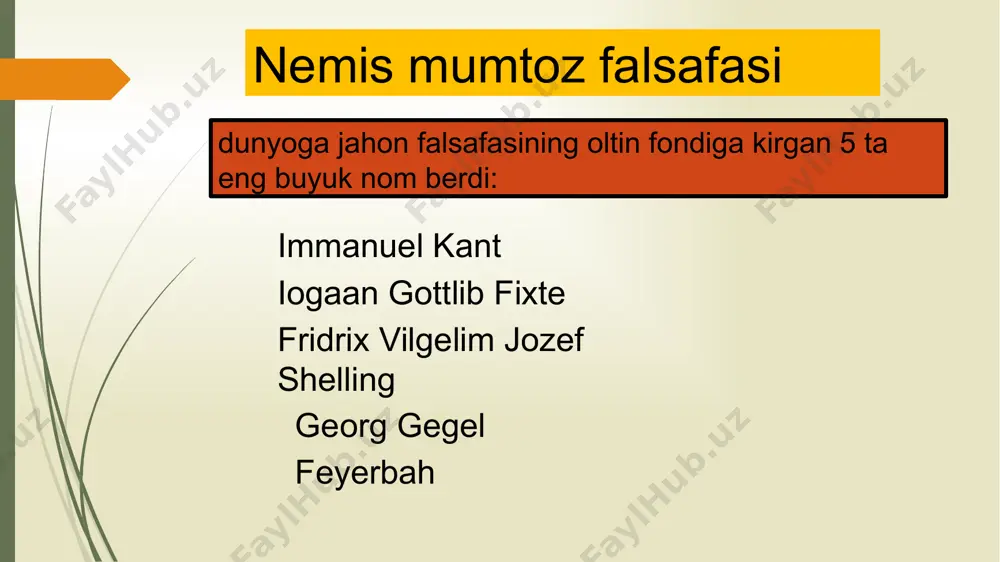 sos soldi, falsafaning predmetini erkinlik deb belgiladi, sh. dunyoqarashida borliq va tafakkur ayniyatini, ideallik va reallik mosligini koʻrish mumkin. uningcha, mif — faqat ongning emas, balki borliqning shakli. haqiqiy din va haqiqiy falsafaga yoʻl mif orqali oʻtadi; mifologik tasavvurni shunchaki toʻqib chiqarilgan ertak deb shelling ijodida rivojlanishning besh davrini ajratib ko‘rsatish odat tusiga kiradi: 1)natural falsafa; 2)transsendental idealizm 3)o'zlikni anglash falsafasi 4)erkinlik falsafasi 5)vahiylik falsafasi georg vilgelm fridrix gegel (1770-1831) nemis klassik falsafasining cho'qqisi uning falsafasining mohiyati: falsafaning ustuvorligiga asoslangan tafakkur va borliqning konkret o'ziga xosligi. u "panlogizm" sifatida tavsiflanishi mumkin bo'lgan "mutlaq idealizm" kontseptsiyasining muallifi (haqiqiy hamma narsa oqilona, ​​hamma narsa oqilona) nazariy dialektikaning o'z-o'zini rivojlantirish ta'limoti sifatida yaratuvchisi, uning asosiy kategoriyalari, zakarlari va tamoyillarini ishlab chiquvchisi (ob'ektiv idealistik asosda bo'lsa ham) asosiy asarlari: “ruh fenomenologiyasi”, “mantiq fani" ▪︎gegel. falsafiy taʼlimotida barcha tabiiy va ijtimoiy hodisa hamda jarayonlarning tubida "olamiy ruh", "olamiy aql", "mutlaq ruh", "mutlaq gʻoya", deb atalmish …