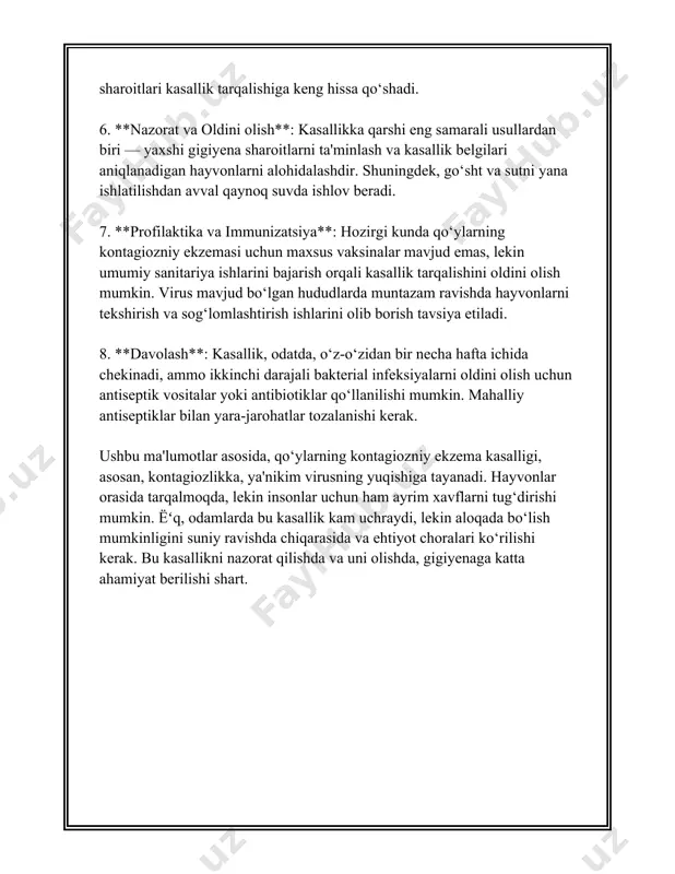 gani holda, himoya choraliralarining sifatini oshirish zaruratlidir. profilaktika choralari ixtiyor etilishida vaksina eng muhim vosita sifatida qabul qilingan, va vaksinatsiya ko’plab hududlarda qo’llanilmoqda. lekin, vaksina faqatgina kasallikni oldini oluvchi chora sifatida qabul qilinishi kerak, va boshqa himoya choralarilar juda muhim. 3. qo’ylarning kontagiozli ekzema diagnostikasi qo'ylarning kontagiozli ekzema diagnostikasi haqida ma'lumot qo'ylarning kontagiozli ekzema - bu virusli yuqumli kasallik bo'lib, butun dunyo bo'ylab qo'ylar orasida uchraydi. kasallik poxviruslar oilasiga mansub viruslar sabab bo'ladi, va u teri va shilliq pardalarda jarohatlarning paydo bo'lishiga olib keladi. bu kasallikning diagnosini qo'yishda bir nechta omillarni hisobga olish kerak. birinchi navbatda, klinik belgilarga asoslangan baholash amalga oshiriladi. kasallangan qo'ylar odatda lablar, og'iz, burni va oyoqning yuzalarida yaralar yoki tuberkkalarni namoyon qiladilar. bu jarohatlar dastlab besh kundan yetti kungacha davom etadi va keyinchalik jarohatlar qattiq kabuklar bilan qoplanadi. jarayon bir necha hafta davom etishi mumkin. qo'ylarning kontagiozli ekzema klinik belgilari bilan bir xil ko'rinishga ega bo'lgan …