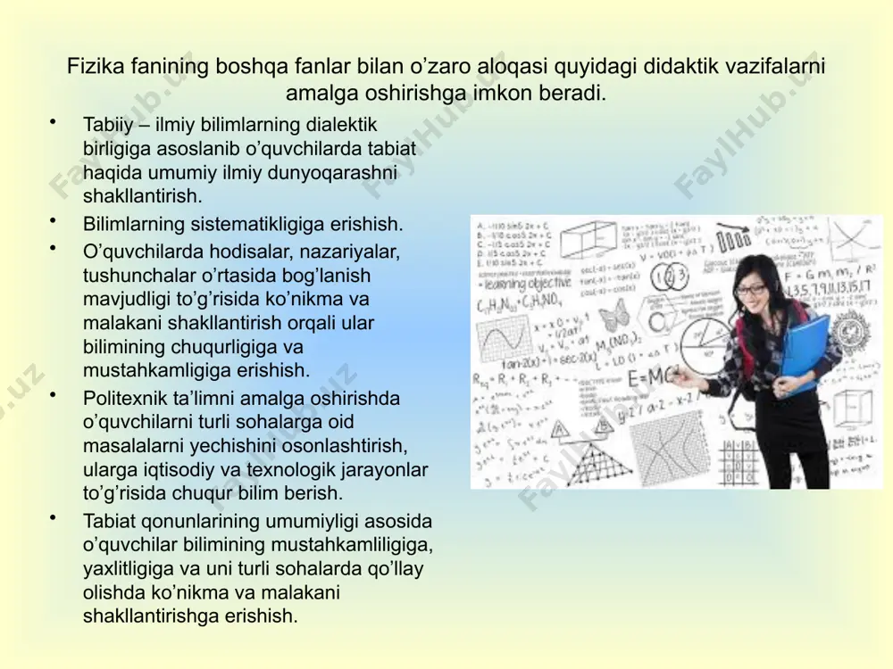 unosabatlar matematikadagi y=kx; u = ax+b; y = ax2 + bx funksiyalarga asoslanib yozilgan. ushbu funksiyalarning grafigi asosida fizik jarayonlarning dinamikasini, maxsus holatlarini aniqlash imkoniyati tug’iladi. ba’zan fizik jarayonlarni ifodalovchi munosabatlardan qaysi kattalik funksiya, qaysisi argument ekanligini aniqlash muhim didaktik ahamiyatga ega. masalan: nyutonning ikkinchi qonuni f = ma, ifodasidagi m – o’zgarmas kattalik, ammo undan m = f/a ni topsak; massa kuchga to’g’ri, tezlanishga teskari proporsional degan noto’g’ri fikr tug’ilishi mumkin. agar matematikadagi y = kx , munosabatdan k - o’zgarmas koeffisiyent ekanligini o’quvchilarga eslatsak, fizik munosabatlarni to’g’ri tushuntirishga erishamiz. matematika yordamida o’quvchilarda fizik jarayonlarning mohiyatini mukammal o’zlashtirish imkoniyati tug’iladi. masalan: “qanday balandlikda jismning og’irligi yer sirtidagi og’irligidan 2 marta kam bo’ladi”: p1/p2 = 2; bundan: h1 = 0,4r va h2 = -2,4r ikkita qiymatga ega bo’lamiz. demak yer sirtidan h1 = 0,4r balandlikda jismning og’irligi 2 marta kamayar ekan. ammo tenglamaning ikkinchi yechimi h2 = -2,4r qanday izohlanadi. …