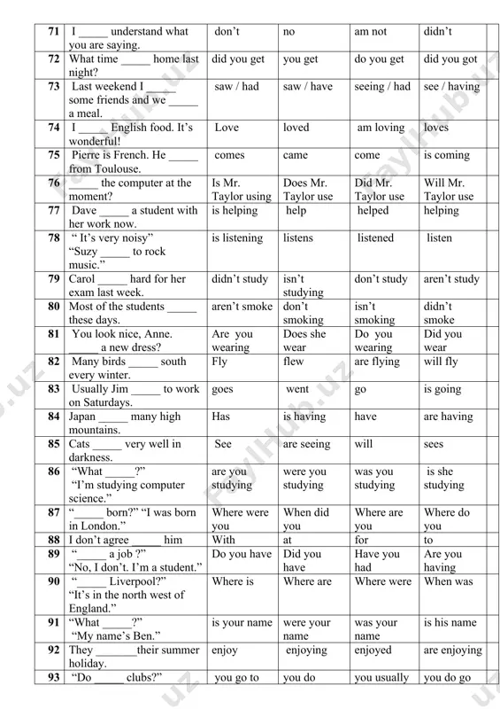 thanks. same to you not at all. don’t mention it. nothing much sleep well 102 a- where _____ from? b- b- _____ am from milano. are you / i are / you are they / they you / i 103 a- _____ leo eat chinese food? b- b- yes, he _____ it _____ he was 10. does / ate / when did / eaten / when did / ate / when do / eat / what 104 what _____ they going _____ do? are / to are / too is / to is / too 105 a- how _____ languages can your son speak? b- b- three _____. many / languages many / language much / languages much / language 106 a- when _____ it _____ raining? b- b- yesterday. did / start does / start does / starts did / started 107 _____ kind _____ music do you like? …