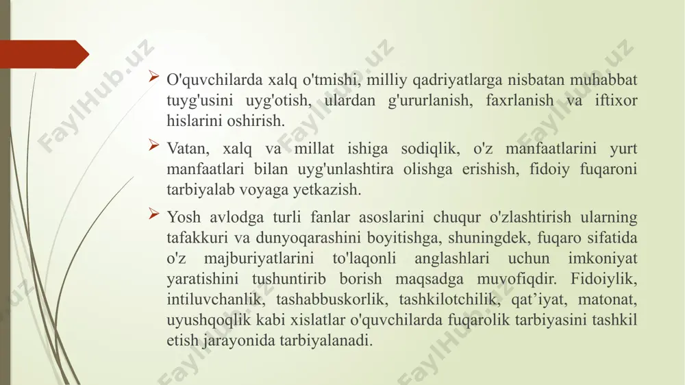 lgan ma’naviy boyliklarini asrash, ularni ko‘paytirish borasida g‘amxurlik qilish. vatan ravnaqi va millat taraqqiyoti yo‘lida mehnat qilish. vatan ozodligi va millat erkiga qilinayotgan har qanday tahdidga qarshi kurashish. vatan va millat obro‘i, sha’ni, or-nomusini himoya qilish. vatan ravnaqi va millat taraqqiyotiga nisbatan ishonchga ega bo‘lishi. baynalminalik («inter» - orasida, o‘rtasida, aro, «natio» - xalq) o‘zga millat va elatlaming haq-huquqlari, erki, urf-odatlari, an’analari, turmush tarzi, tili hamda vijdon erkinligini hurmat qilish, ularning manfaatlariga ziyon yetkazmaslikni ifoda etuvchi shaxsga xos ma’naviy-axloqiy fazilatlardan biridir. o‘quvchilar o'rtasida vatanparvarlik va baynalminallik tarbiyasi ularga oid mavzularda suhbat, davra suhbati, matbuot konfernsiyasi, viktorina, uchrashuv, ko‘rik-tanlov, bahs-munozaralar tashkil etish kabi shakllarda amalga oshirilishi mumkin. shuningdek, o‘quvchilarni respublika baynalminal markazi yoki joylardagi milliy-madaniy markazlarning faoliyati bilan yaqindan tanishtirish, ayni vaqtda respublika hududida turli millat va elat vakillarini birlashtiruvchi 138 ta milliy-madaiy markazlar faoliyat yuritayotgani to‘g‘risida ma’lumotlar berib, ular tomonidan uyushtirilayotgan tadbirlarga о‘quvchilarni faol jalb etish ham ijobiy natijalarni beradi. …
