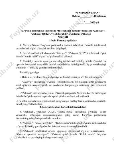 "intellektual haftalik - zakovat, zakovat quiz, kubik rubik o‘yinlari" — DOCX