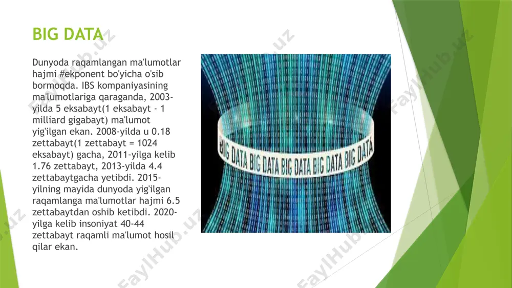 mining(ma'lumotlarni topish) - biron qonuniyatni topish maqsadida ma'lumotlarni intellektual analiz qilishga aytiladi. isroillik matematik grigoriy pyatetskiy-shapiro 1989-yilda bu atamani fanga kiritgan. texnologiyalar, avvalari noma'lum va foydali bo'lgan qayta ishlanmagan(hom) ma'lumotlarni topish jarayoniga data mining(ma'lumotlarni topish) deyiladi. data mining metodlari ma'lumotlar ombori, statistika va sun'iy intellekt tutashgan nuqtada joylashadi. machine learning machine learning(mashinali o'qitish) - o'zi o'rganadigan dasturlar yaratish amaliyoti va nazariyasi, sun'iy intellektning katta qismi. dasturchilar o'z algoritmlariga xususiy hollarda umumiy qonuniyatlarni aniqlashni o'rgatishadi. natijada, kompyuter, inson avvaldan ko'rsatib o'tgan buyruqlaridan emas, balki, o'z shaxsiy malakasidan kelib chiqib qaror qabul qiladi. bunday o'qitishning juda ko'p metodlari data mining'ga oid bo'lishi mumkin. mashinali o'qitishga birinchi tarifni 1959-yilda amerikalik informatik artur samuel bergan. u sun'iy intellekt elementlariga ega bo'lgan shashka o'yini, dunyoda birinchi o'zi o'rganadigan dasturni yaratgan. deep learning deep learning(chuqur o'qitish) - yanada murakkab va yanada mustaqil bo'lgan o'zi o'qidigan dasturlar yaratadigan mashinali o'qitish turi. oddiy mashinali o'qitish hollarida boshqariladigan malaka …