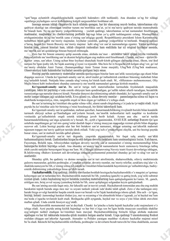 r taqdiri dinamik tarzda rivojlanib boradigan fojeaviy azob-uqubatlar, og’ir ko’rgiliklar yoki tanqidiy kulgi vositasidagi echim bilan nihoya topadi. kino san’ati vujudga kelganidan keyin kinokomediya, kinodramaturgiya kabi atamalar ham estetikaga kerib keldi. san’at o’ziga xos yaxlitlikka ega ekanini ko’rib o’tgan edik. shu jihatdan olganda, uning bu uch xilini juda qat’iy chegaralab, ajratib tashlash mumkin emas: ular muayyan yaxlitlikning uch qismi sifatida harakat qiladi, bir-biri bilan dialektik aloqada voqe bo’ladi. eposda lirika va drama unsurlarini, lirikada epik va dramatik holatlarni, dramada – lirizmni ko’p uchrtamiz. chunonchi, «liro-epik doston», «lirik drama», «dramatik doston», «she’riy darama», singari janriy ko’rinishlar, epik asarlardagi lirik chekinishlar – ularaning o’zaro aloqadorlignini ta’kidlab turadi. shunday qilib, san’atni xillash borasida qisqacha fikrlashib oldik. endi eng og’ir muammo - san’at turlarini tasniflashtirishga o’tamiz. bu haqda o’nlab ilmiy taklif-mulohazalar mavjud. ba’zi olimlar - voqelikning in’ikos ettirilishi, boshqalar - asarning idrok qilinishi, yana birovlar - badiiy mazmunning o’ziga xos «til»da ifodalanishi nuqtayi nazaridan …