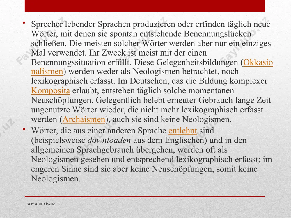 gleichwertig betrachtet wurden. einen großen einfluss übte dabei die romantik aus, die einen sinn für das historisch bedingte entwickeln half. gelegentlich wurden auch mehrere stile in einem gebäude gemischt; diese kombinationen nennt man eklektizismus. andere bauwerke zitieren historische motive, lassen sich aber keinem konkreten stil zuordnen. www.arxiv.uz bauten nauener tor in potsdam, der erste bau des historismus auf dem europäischen kontinent (1755,neugotik, erscheinungsbild seit 1869) die neoromanische pauluskirche inbasel (erbaut 1898–1901) www.arxiv.uz archaismus als archaismus (latinisiert vom altgriechischen ἀρχαῖος archaĩos „alt, ehemalig“) wird in der lexikologie ein wort bezeichnet, dessen gebrauchshäufigkeit abnimmt und das von den sprechern einer sprachgemeinschaft als altmodisch empfunden wird. archaismen werden aber noch von einigen (vor allem älteren) sprechern verwendet und sind vielen sprechern geläufig, sie gehören zu deren passivem wortschatz. untergegangene wörter sind lexikalische einheiten, die aus dem vokabular der gegenwartssprache ganz verschwunden sind oder nur noch in einigen erstarrten redewendungen weiterexistieren (z. b. kegel …