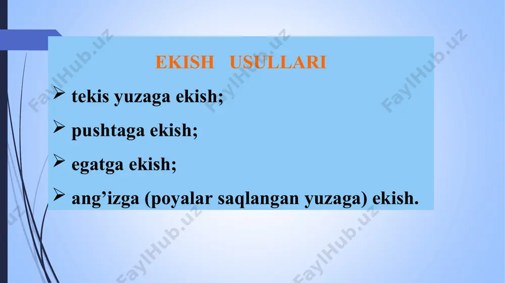 tilgan farq: tuksizlan-tirilgan chigit uchun ko’pi bilan 10%, tukli chigit uchun ko’pi bilan 15%; qator oralarining bir-biridan farq-lanishi ko’pi bilan ±1 sm tashkil etishi talab etiladi. * chigit ekish seyalkalarini tuzilishi va ish jarayoni chigit ekish seyalkasining tuzilishi: 1 –g’ildirakning xarakat uzatmasi; 2-val; 3-zanjirli uzatma; 4- bunker; 5-to’zitkich; 6- miqdorlagich; 7-podshipnik; 8-urug’ o’tkazgich; 9-yurituvchi g’ildirak; 10- konssimon shesternya; 11-teleskopik val; 12-to’dalagich; 13- ekkich; 14 – botiruvchi g’ildirak; 15-ko’mgich, 16-shabbalagich. don ekish seyalkalari sz-3,6 rusumli g’alla seyalkasi dem – 3,6 rusumli g’alla seyalkasi. sz-3,6a don ekish seyalkasining tuzilishi va ish jarayoni * g’o’za qator orasiga don ekish moslamasi kxu-4 asosidagi seyalka-kultivator texnologik sxemasi. a) yonidan ko’rinishi 1,2-o’g’it; 3-kmx-65 sepuvchi apparat; 4-tarqatuvchi moslama; 5-borona moslama. b) orqadan ko’rinishi 2-o’g’it; 3-kmx-65 sepuvchi apparat; 4-tarqatuvchi moslama kartoshka ekkichning (l-201) tuzilishi va ish jarayoni 1-bunker; 2-to’siq; 3- ekish apparati; 4-ishchi qism (qoshiq); 5-tebratgich; 6-o’tkazgich; 7-rostlagich; 8-egat oligich; 9-ko’mgich; 10-xarakat uzatish mexanizmi. ko’chat o’tqazish mashinasi intensiv …