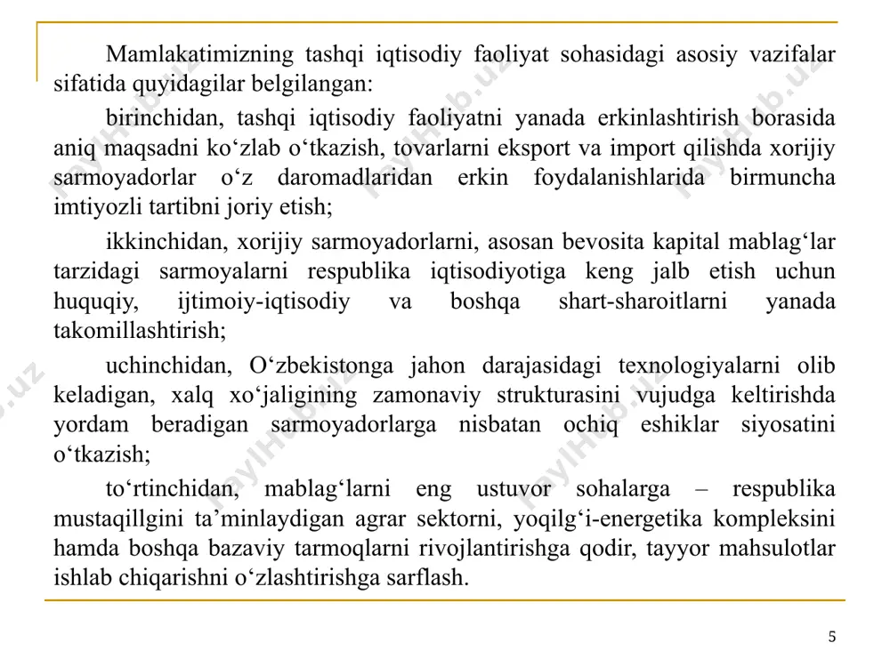 faoliyatining ustuvor yo‘nalishlari tashqi iqtisodiy faoliyatni takomillashtirish va rivojlantirishda qo‘yidagilarni ustuvor yo‘nalishlar sifatida keltirish mumkin: respublikaning eksport qudratini rivojlantirish va yanada mustahkamlash, eksportga yo‘naltirilgan iqtisodiyotni shakllantirish; eksport imkoniyatlarini kengaytirish; olib borilayotgan islohotlarda hududiy diversifikatsiya siyosatini yanada kuchaytirish, nafaqat markaziy xududlarda balki chekka tumanlarda ham yirik sanoat ob’ektlarini qurishni keng yo‘lga qo‘yish; tashqi iqtisodiy faoliyat tarkibiy qismlari majmuini ixtisoslashtirilgan tashqi savdo, lizing, konsalting va sug‘urta firmalari, tashqi aloqalarni rivojlantirish manfaatlari va shartlariga mos keladigan transport, aloqa va kommunikatsiyalar tizimlarini vujudga keltirish;. xalqaro xuquq va tashqi iqtisodiy faoliyat, bank tizimi, hisob-kitob va statistik hisob sohasida malakali kadrlar tayyorlashni tashkil qilish. 15 o‘zbekiston respublikasining eksport salohiyatini rivojlantirish buyicha yaqin kelajakka mo‘ljallangan strategiyasining asosiy yo‘nalishlari quyidagilardan iborat: birinchidan, eksportni rag‘batlantirish uchun avvalo, barqaror makroiqtisodiy sharoit yaratish, inflyatsiya sur’atini prognoz darajasida ushlab turish, valyuta almashtirish kurslarining keskin tebranishlariga yo‘l qo‘ymaslik; ikkinchidan, xo‘jalik yurituvchi subyektlarning mulk shaklidan qat’iy nazar, import qilinayotgan ishlab chiqarish vositalarini olish uchun …