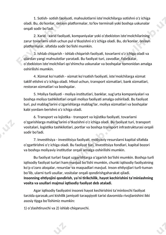 an yangi bosqichga ko’tarildi. mehnat iqtisodiy jarayonga aylandi. endi insonlar tabiat ne’matlarini ehtiyojlariga moslashtirishga o’tdilar. iqtisodiy faoliyat inson hayotining asosini tashkil etadi. u juda murakkab, turli hodisa va jarayonlarni o’z ichiga oladi. kishilik jamiyati yashar ekan, bu jarayonlar uzluksiz davom etadi.iqtisodchilar iqtisodiy faoliyatni nazariy jihatdan to’rt fazaga bo’lishadi: ishlab chiqarish,ayirboshlash, taqsimot, iste’mol. insonlarning xo’jalik yuritish faoliyatining natijasi ijtimoiy mahsulot bo’lib, uning harakati ana shu to’rt fazani bosib o’tadi va uzluksiz takrorlanadi. iqtisodiy faoliyat ishlab chiqarishdan boshlanadi. bu jarayondan ishlab chiqarish omillari o’zaro birikib,insonlarning turli-tuman ehtiyojlarini qondiradigan ne’matlar yaratiladi. iqtisodchilar ishlab chiqarishda uch marta yirik inqilob yuz bergan va u muvofiq tarzda iqtisodiy taraqqiyotda uch marta yangi davrni boshlab berganini e’tirof etadilar. bunda o’ziga xos boshlang’ich nuqta rivojlangan industrial (sanoat) ishlab chiqarishning vujudga kelishi bo’lib u markaziy o’rinni egallaydi, undan so’ng: industrial ishlab chiqarishga qadar bo’lgan davr, ya’ni toindustrial va postindustrial (lotincha post - keyin) davrlarga bo’linadi. ishlab chiqarishning industrial rivojlanishga …