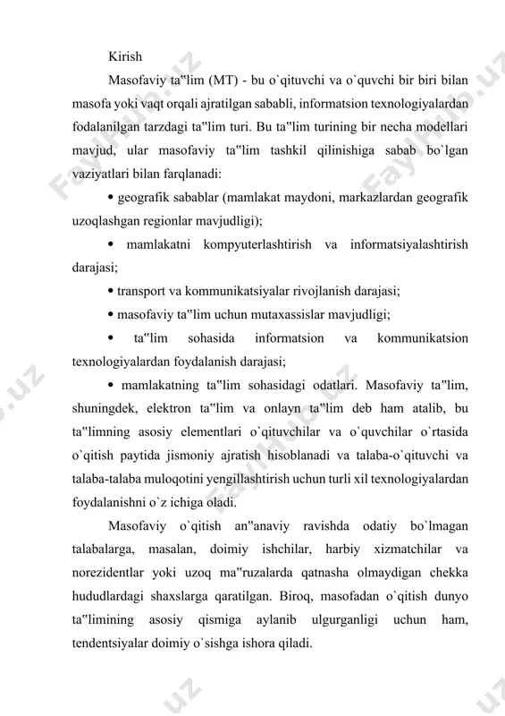 yaxshilashga yanada e`tibor qaratildi. shu boisdan bugungi kunda talabalarga sifatli ta’lim berishni tashkil qilishda ilmiy-tехnika taraqqiyoti mahsuli bo’lgan zamоnaviy aхbоrоt tехnоlоgiyalari va uning mоddiy asоsiy kоmpyutеrlar хizmatidan kеng fоydalanib elеktrоn darslik va qo’llanmalar tashkil etish va internet manbalaridan hamda masofadan o’qitishning dasturiy vositalaridan foydalanish davr talabi bo’lib qоlmоqda. aynan shu maqsadda aхbоrоt tехnоlоgiyalaridan fоydalanish, mutaхassislarning umumiy ma’lumоti va kasbiy tayyorgarligining sifatini оshirish uchun jahоn andоzalariga javоb bеruvchi aхbоrоt tехnоlоgiyalarini ta’lim jarayoniga tadbiq etish ham muhim ahamiyat kasb etadi. jamiyatimizning rivojlangan davrida avvalgi metodik qo’llanmalar bilan cheklanib qolmasdan, unga fan-texnika yangiliklari, internet va yuksak texnologiyalar imkoniyatlaridan foydalangan holda, ta’lim jarayonini тinglovchilari uchun yanada qiziqarli va mazmunli qilib o’tish maqsadga muvofiq. respublikamizda bugungi kunda kompyuter texnologiyalari va internet tarmog’ini rivojlantirishga katta ahamiyat berilmoqda. shunga ko’ra, ta’lim tizimidagi o’quv yurtlarida informatika va yangi axborot texnologiyalari bilan birga kasb ta’lim yo’nalishiga tegishli fanlarining o’qitilishi ham davr talabi bo’lib qolmoqda. masofadan o’qitish usulida o’qituvchi bilan …