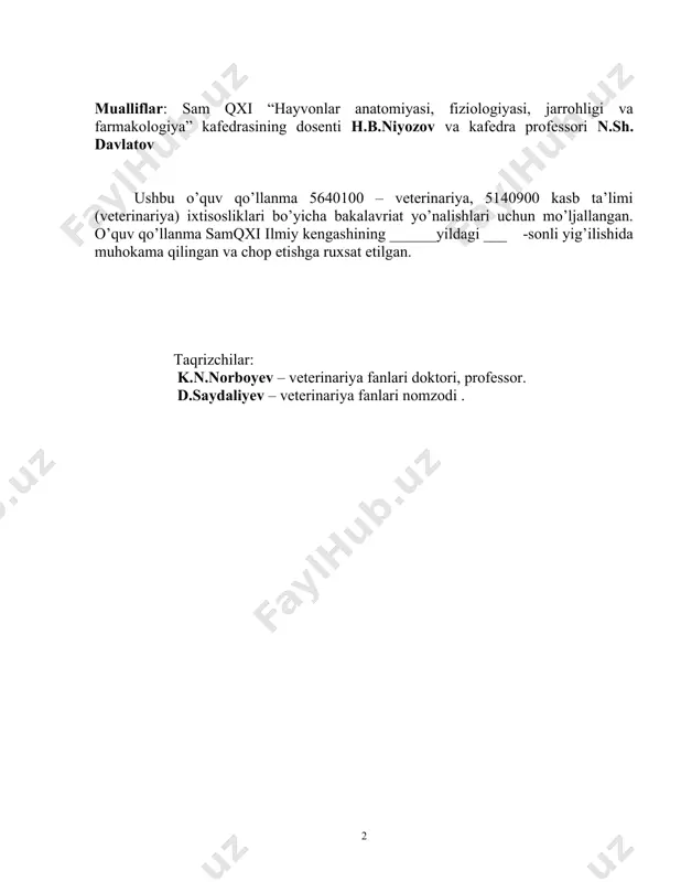 sides the studies of general clinic subjects. for correct diagnose of the examined animal for studying normal and pathological processes of animals there are reflected the methods of examination, palpation, percussion and auscultation. mundaraja 1.kirish ..................................................................................................................2 2.xirurgiya fani hakida.....................................................................................4 3.xirurgik klinikasi ishi bilan tanishish..................................................7 4.xirurgik kasal hayvonlarni klinik tekshirish usullari....................12 5.o’tkir aseptik yallig’lanishlarni sovuq usullar bilan davolash.........20 6.o’tkir aseptik yallig’lanishlarni issiq usullar bilan davolash…….24 7.yarim o’tkir va surunkali aseptik yallig’lanishlarni davolashda massaj usullarini qo’llash...............................................................................................27 8.parafin, ozokerit elektr toki va nurlar yordamida davolash usullari...................................................................................................................30 9.o’tkir qitiqlovchi malham va linimentlarni qo’llash ..........................33 10.nuqtali va tasmali kuydirish usullari, ularning davolovchi ta’sir mexanizmi............................................................................35 11.novokain qamali usullari.............................................................................38 12.novokain qamali usullari. (davomi)............................................................40 13.to’qimali terapiya. autogemoterapiya............................................................44 14.o’tkir yiringli yallig’lanishlarni davolash..............................................47 15xirurgik infeksiya. sepsis..............................................................................57 16.maxsus xirurgik infeksiyani davolash.................................