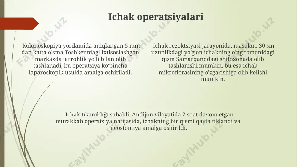 ичак саратонига олиб келиши мумкин. yo'g'on ichakning funksiyalari: suv so'rilishi va najas hosil bo'lishi йўғон ичакdagi bakteriyalar najas tarkibining 30-50% ni tashkil qiladi va bu bakteriyalar vitamin k va ba'zi b vitaminlarini sintez qiladi, bu jarayon kichik havzalarida intensiv ravishda o'tadi. najasning hosil bo'lishi yo'g'on ichakda kalsiy, natriy va xlorid kabi elektrolitlarning so'rilishi bilan chambarchas bog'liq bo'lib, bu jarayon yo'g'on ichakning butun uzunligi bo'ylab, lekin turli segmentlarda turlicha tezlikda sodir bo'ladi. йўғон ичакда суткада 1,5 литрgacha suv so'riladi, bu jarayon asosan yo'g'on ichakning o'ng yarimida, to'g'ri ichakka yaqinlashganda esa kamayadi. ichak kasalliklarining oldini olish ichak florasini muvozanatlash uchun probiyotiklarni qo'llash samarali, ayniqsa, antibiotik davolashdan keyin 1-2 hafta davomida samarqand shahridagi shifokorlar tomonidan tavsiya etiladi. ichak kasalliklarining oldini olishda yiliga kamida 25-30 kg meva-sabzavot iste'mol qilish, ayniqsa, toshkent viloyati singari ekologik jihatdan toza hududlardan olingan mahsulotlar afzalroq hisoblanadi. kundalik hayotda 2-3 litr toza suv ichish ichak mikroflorasini yaxshilashga va 80% gacha …