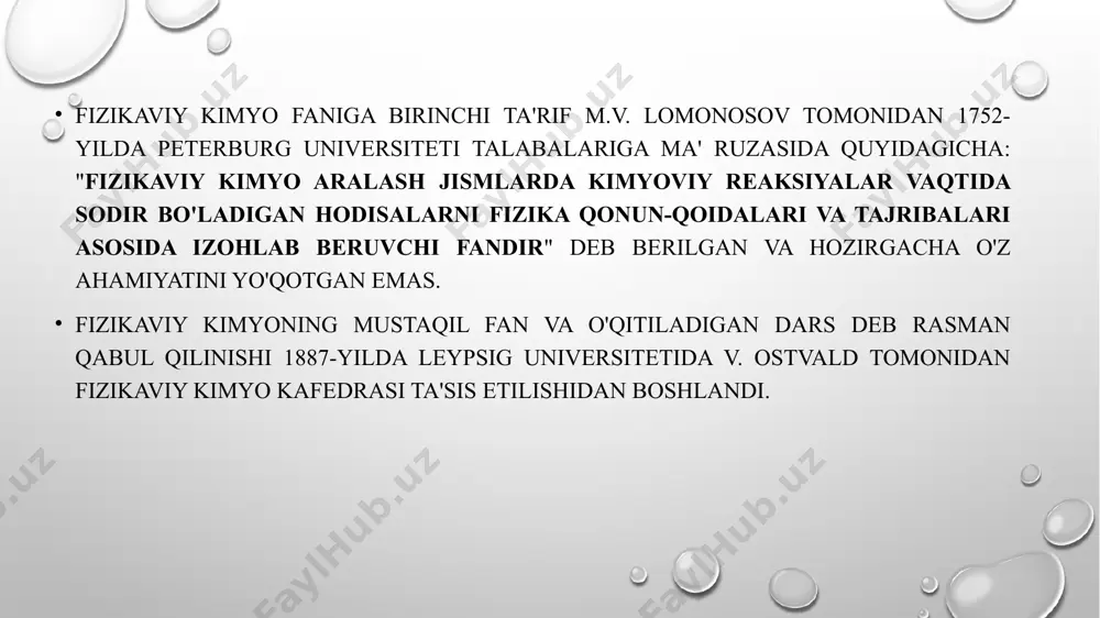 rga ega bo'lib, termodinamikaning birinchi asosi deyiladi. termokimyoning shakllanishi xix asrning 60 yillarida mashhur fransuz kimyogari m. bertlo (1827-1907 yy.) turli kimyoviy reaksiyalarni suv bilan tashqi muhitdan izolirlangan yopiq idishda o'tkazib, o'zi kashf qilgan kalorimetr (lotincha calorimeter issiqlikni o'lchash) tashqi qobig'idagi suvning isishiga qarab, reaksiyada ajralib chiqqan issiqlik miqdorini aniq o'lchadi. uning aniqlashicha, issiqlik chiqishi bilan boradigan reaksiyalar o'z-o'zidan boruvchi jarayon bo'lib, bu kimyoviy reaksiyaning teskarisini amalga oshirish uchun esa issiqlik yoki energiya sarflash lozim. 1779-1784-yillarda a. lavuazye va p.s. laplas jismlarda issiqlik harakati va uni o'lchash bo'yicha bir qator tadqiqotlar o'tkazishdi va termokimyoning 1-qonuni kashf etishdi: "moddaning hosil bo‘lish issiqlik effekti, uning manfiy ishora bilan berilgan parchalanish issiqlik effektiga teng", ya'ni kimyoviy reaksiya energiyasidan foydalanib, i tur abadiy dvigatel yasab bo'lmaydi. termokimyoning 2-qonuni (g.i. gess,1840 y.): "kimyoviy reaksiyaning issiqlik effekti moddalarning dastlabki va oxirgi holatlariga bog'liq bo’lib, reaksiyaning borish yo'liga bog'liq emas. moddalarning 1 g-moli yonganda ajralib chiqadigan issiqlik …