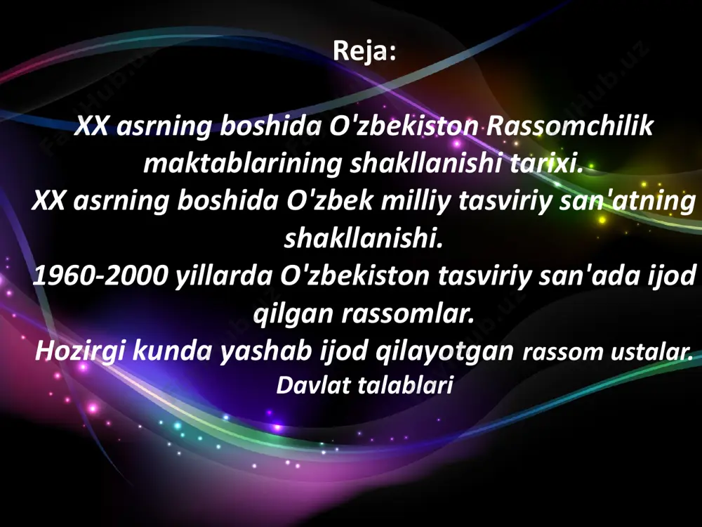 nomi berildi (hozirgi rassomlik kolleji). ushbu bilim yurti respublikada badiiy ta'limni ravnaq topishiga samarali ta'sir ko'rsatdi. ikkinchi jahon urushi yillarida rossiyadan o'zbekistonga minglab kishilar, jumladan ko'plab rassomlar ham ko'chib keldi. bu paytda toshkentda yuqori malakali pedagoglar jamoasi mavjud edi. ularning say harakatlari bilan 1954 yilda teatr institutida rassomlik fakulteti ochildi va o'quv dargohi toshkent teatr-rassomchilik instituti deb yuritila boshladi. institut rassomlik fakulteti talablarining o'quv dasturi rus akademik rassomlik maktabiga asoslangan edi. ushbu fakultetda o'rta osiyoning qo'shni respublikalaridan va kavkaz o'lkalaridan yoshlar kelib o'qirdi. 1997 yil o'zbekiston respublikasi prezidenti i.karimovning farmoni bilan toshkent san'at instituti (avvalgi ttri) rassomlik fakulteti bazasida kamoliddin behzod nomidagi milliy rassomlik va dizayn instituti (mrdi) tashkil etildi. ushbu institut o'zbekiston badiiy akademiyasi tizimiga kirdi. uzluksiz ta'lim milliy dasturiga binoan mrdi respublikadagi uch rassomlik kolleji va 13 tasviriy san'at litsteyi bitiruvchilari oliy rassomlik ta'lim olish uchun yagona oliy o'quv yurtidir. ushbu o'rta bo'g'in o'quv muassasalarida dars beridigan pedagoglarning …