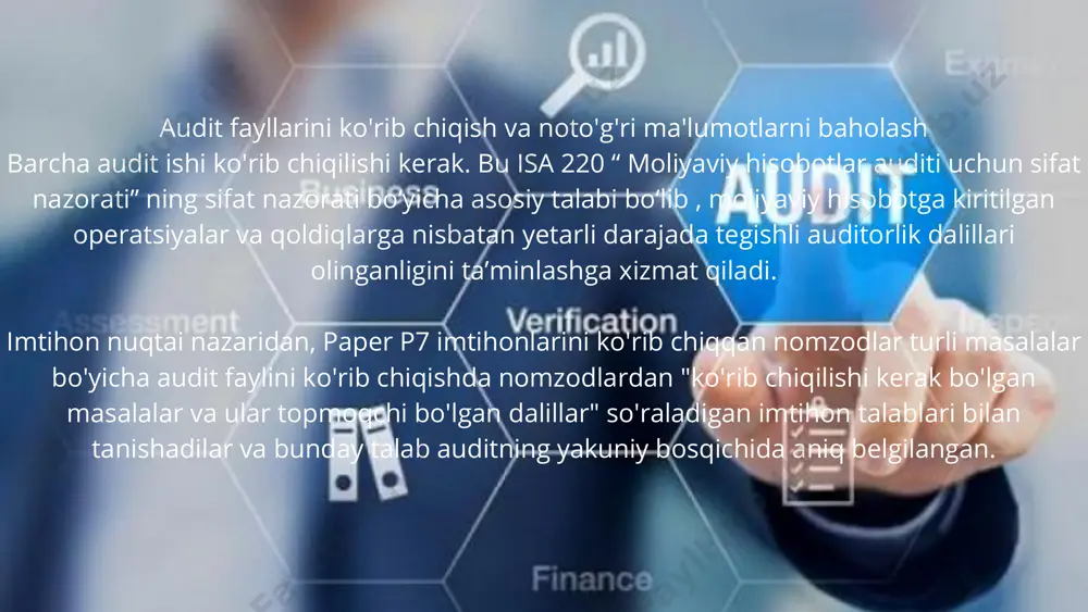 mos keladimi yoki yo‘ql igi to‘g‘r is ida umumiy xulosani shakl lantir ishga yordam beradigan audit yakuniga yaqin tahl i l iy protseduralarni ishlab chiqish va amalga oshir ishdir . yakuniy tahliliy protseduralar auditning ushbu bosqichida amalga oshir i lgan anal it ik protseduralar rejalashtir ish bosqichida bajari lganidan farq qi lmaydi - auditor tendentsiyalarning kuti lganl igini tasdiqlash va noodatiy operatsiyalarni ajratib ko'rsatish uchun nisbatlar tahl i l in i , o ldingi davr moliyaviy hisobotlar i bi lan taqqoslashni va boshqa usul larni amalga oshiradi . va noto'g 'r i ko 'rsatish xavfini ko'rsatishi mumkin bo' lgan balanslar . asosiy masala shundan iboratki , auditor l ik tekshiruvi tugashiga yaqin auditor anal it ik muolajalar bi lan ta’kidlangan masalalarni tushuntir ish uchun yetar l i auditor l ik dal i l lar iga ega bo‘ l ishi va shuning uchun moliyaviy hisobotning umumiy asosl i l ig i …