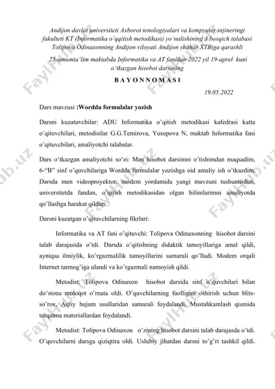 dars bayonnomasi "wordda formulalar yozish" — DOC