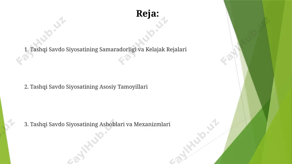 shni, import o'rnini bosuvchi mahsulotlar ishlab chiqarishni va jahon bozorlaridagi raqobatbardoshlikni ta'minlashni o'z ichiga oladi. strategiyaga 3 ta asosiy bozor segmentiga yo'nalishni, xalqaro standartlarga moslashishni va ta'minot zanjiri barqarorligini ta'minlashni kiritish muhim ahamiyat kasb etadi. innovatsiyalar va texnologiyalarni o'zlashtirish innovatsiyalarni o'zlashtirishga yo'naltirilgan davlat dasturlari 2023-yilga kelib, milliy iqtisodiyotga 15% ga yaqin qo'shimcha qiymat qo'shdi, bu esa eksport hajmining 10% o'sishiga olib keldi. texnologiyalar transferi bo'yicha xorijiy sheriklar bilan 50 dan ortiq shartnomalar imzolanib, shu orqali 100 million dollardan ortiq investitsiyalar jalb qilindi va yuqori texnologiyali mahsulotlar ishlab chiqarish ko'paydi. raqobatbardoshlikni oshirish raqobatbardoshlikni oshirishda eksportni 20% ga oshirishga qaratilgan davlat dasturlari va subsidiyalar muhim rol o'ynaydi, bu esa yalpi ichki mahsulotning 5% ga o'sishini ta'minlaydi. innovatsiyalar va texnologiyalarni joriy etish orqali ishlab chiqarish samaradorligini 10% ga oshirish va xarajatlarni 5% ga kamaytirish raqobatbardoshlikka sezilarli ta'sir ko'rsatadi. tashqi savdo shartnomalari tashqi savdo shartnomalarida tovarlarning bojxona tarifi va qo'shilgan qiymat solig'i (qvsh) stavkalari, …