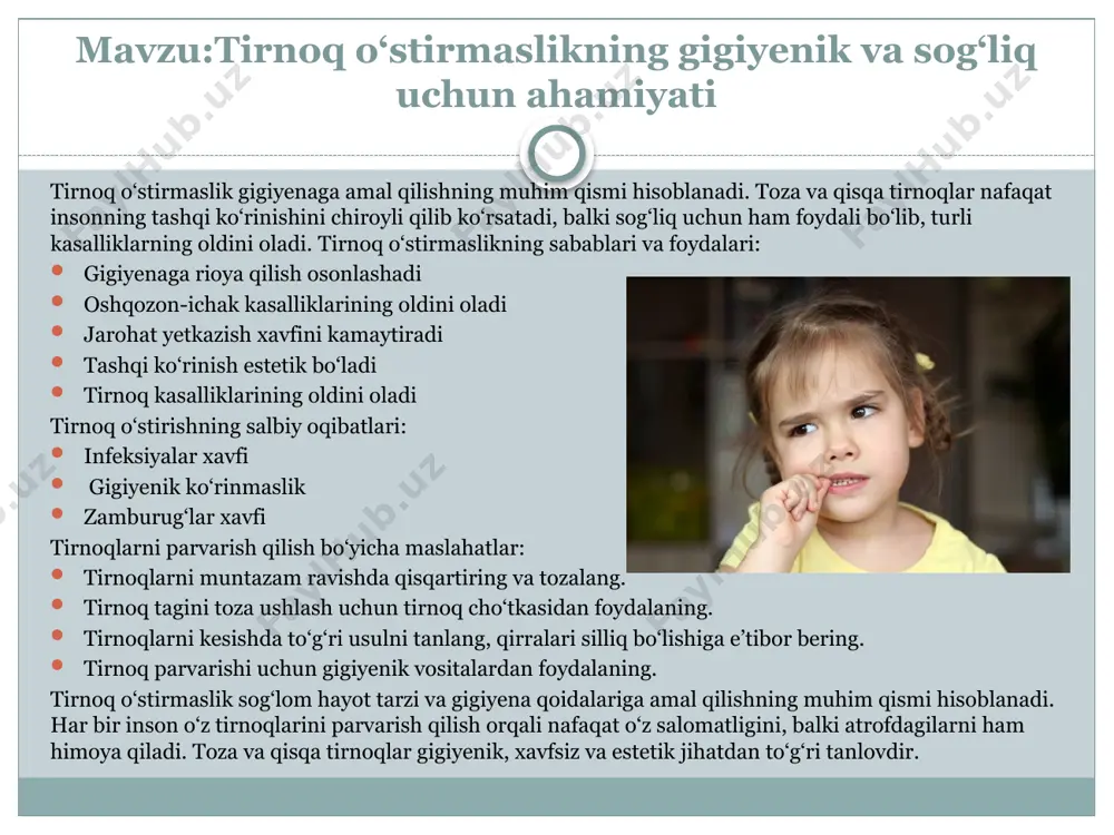 llash orqali jamiyatga yaxshi ta’sir ko‘rsatishimiz mumkin. unutmang, kichik bir hurmatli harakat ham katta o‘zgarishlarga sabab bo‘lishi mumkin! bola huquqlari – har bir bolaning hayotda baxtli, sog‘lom va xavfsiz o‘sib-ulg‘ayishini ta’minlaydigan asosiy qoidalardir. bu huquqlar bolalarning tenglik, hurmat va adolatga ega bo‘lishini kafolatlaydi. har bir jamiyatda bolalarning huquqlarini himoya qilish va ularga sharoit yaratish muhim ahamiyatga ega. bola huquqlari haqida qisqacha ma’lumot: hayot huquqi ta’lim olish huquqi sog‘liqni saqlash huquqi himoya huquqi o‘yin va dam olish huquqi oilada yashash huquqi fikr bildirish huquqi bola huquqlarining buzilishi oqibatlari: bolaning ruhiy va jismoniy sog‘lig‘i zarar ko‘radi. kelajakda bolalar jamiyatga moslashishda qiyinchiliklarga duch kelishi mumkin. zo‘ravonlik yoki ekspluatatsiya bolalarning o‘ziga bo‘lgan ishonchini yo‘qotishiga olib keladi. bola huquqlarini himoya qilish – jamiyatning har bir a’zosi uchun muhim vazifadir. huquqiy savodhonlik mavzu:bola huquqlari mavzu:vatanni sevish vatan – bu har bir inson uchun muqaddas va aziz tushuncha. u bizning tug‘ilib o‘sgan zaminimiz, ota-bobolarimiz merosi, kelajagimizning tayanchidir. …