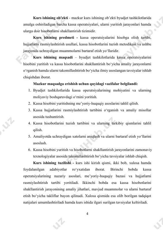 ning mohiyati va ularning moliyaviy intizomdagi o‘rni kassa operatsiyalarining iqtisodiy va huquqiy mohiyati byudjet tashkilotlari moliyaviy faoliyatida muhim o‘rin egallaydi, chunki naqd pul mablag‘larining to‘g‘ri boshqarilishi tashkilotning moliyaviy barqarorligini ta’minlaydi va davlat mablag‘laridan oqilona foydalanishga xizmat qiladi. kassa operatsiyalari deganda tashkilot kassasida naqd pul mablag‘larini qabul qilish, saqlash va tarqatish bilan bog‘liq barcha moliyaviy harakatlar tushuniladi. iqtisodiy nuqtai nazardan, kassa operatsiyalari pul oqimlarini boshqarishning markaziy qismi bo‘lib, tashkilotning qisqa muddatli likvidligini saqlab qolish, to‘lov qobiliyatini ta’minlash va moliyaviy resurslardan samarali foydalanishni tashkil etishga yordam beradi[footnoteref:1]. masalan, agar byudjet tashkilotida kassa mablag‘lari to‘g‘ri rejalashtirilmasa, zarur to‘lovlar o‘z vaqtida amalga oshirilmaydi va bu xo‘jalik faoliyatiga salbiy ta’sir ko‘rsatadi. shu bois naqd pul mablag‘lari oqimini boshqarishning iqtisodiy vazifalaridan biri – pul kirimi va chiqimini muvofiqlashtirishdir. huquqiy jihatdan kassa operatsiyalari qat’iy tartibga solinadi va amaldagi me’yoriy-huquqiy hujjatlar asosida amalga oshiriladi. o‘zbekiston respublikasida bu boradagi asosiy huquqiy asoslar “buxgalteriya hisobi to‘g‘risida”gi qonun, markaziy bankning naqd …