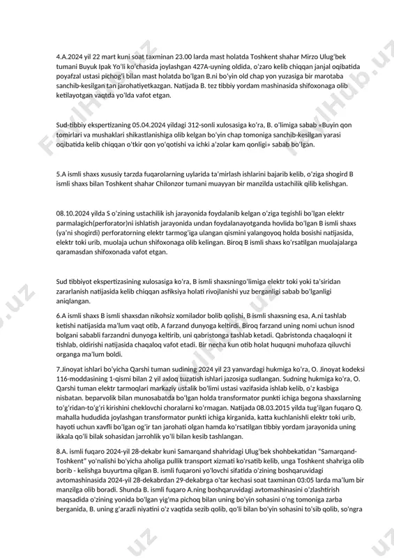 ilgari o‘g‘irlik jinoyatlari uchun sudlanib xavfli residivist bo‘lgan holda, o‘zganing mulkini talon-toroj qilish maqsadida, 2024 yil 10 yanvar kuni soat 16:30 larda shahrixon tumani, mullaboy mfy ko‘chasida joylashgan “terminal” nomli kiyim-kechak bozorida tadbirkor d.ga tegishli ayollar sumkasini qarovsiz qoldirilganidan foydalanib, ushbu sumkada bo‘lgan 25.488.000 so‘mga teng 2360 aqsh dollari va 19.600.000 so‘m pullarni yashirin ravishda kissavurlik yo‘li bilan talon-toroj qilgan vaqtida voqea joyida jabrlanuvchining o‘zi va boshqa fuqarolar tomonidan ashyoviy dalil bilan ushlanib, z. o‘ziga bog‘liq bo‘lmagan holatlarga ko‘ra jinoyatini oxiriga yetkaza olmasdan xavfli residiv jinoyatini sodir qilishga suiqasd qilgan. 3.sudlanuvchi a. xavfli residivist bo‘la turib, 2024 yil 25 oktyabr kuni soat 14 30 da narpay tumani mirbozor qo‘rg‘onida joylashgan jabrlanuvchi b.ni do‘koniga kelib, do‘kon egasi o‘z yumushi bilan do‘konni ochiq holatda qoldirib, boshqa do‘konga o‘tganidan, xonada hech kim yo‘qligidan foydalanib, do‘kon ichkarisidagi javonda turgan jabrlanuvchi b.ga tegishli qora rangli ayollar sumkasi ichida bo‘lgan 5.440.000 so‘m pullarni yashirin ravishda talon-toroj …