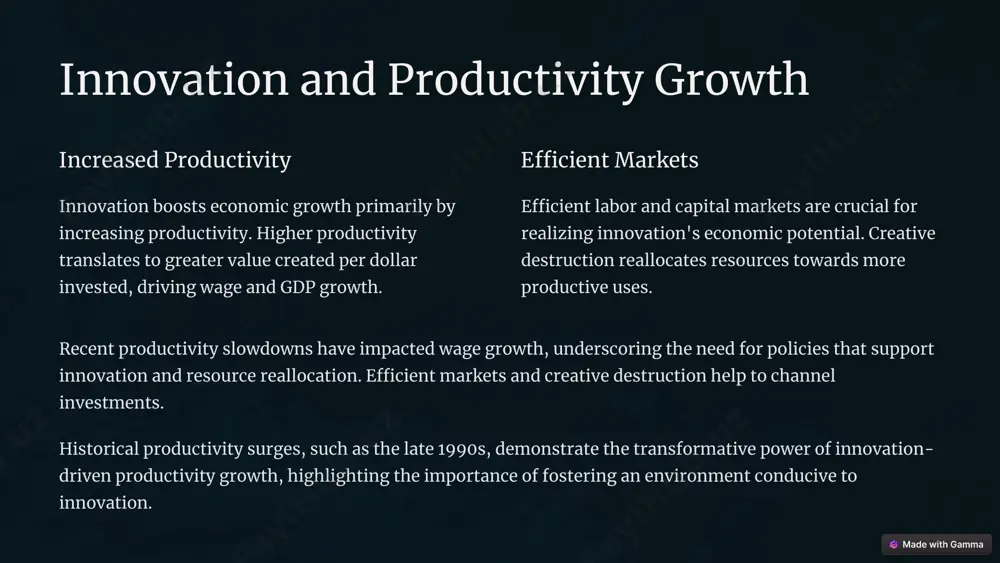t and biotechnology, are central to driving innovation and economic growth. they create new markets and enhance global competitiveness, fostering entrepreneurship and investment. regions with strong innovation hubs, like silicon valley, significantly contribute to gdp and set trends in global economic activity. policymakers and economists recognize the importance of these sectors. these sectors are catalysts for technological advancement, economic prosperity, and job creation. investing in technology drives long-term sustainable growth. 7 challenges and inequality 1 education 2 skills gap 3 job training innovation can exacerbate inequality, with highly educated workers benefiting from rising productivity and wages. less educated workers may face declining opportunities, leading to "crummy jobs." addressing skills gaps through education and job training is crucial for mitigating this uneven impact. technological transitions, such as the rise of ai, present challenges that require proactive measures to ensure inclusive growth. policy interventions can foster more equitable distributions of wealth. 8 …