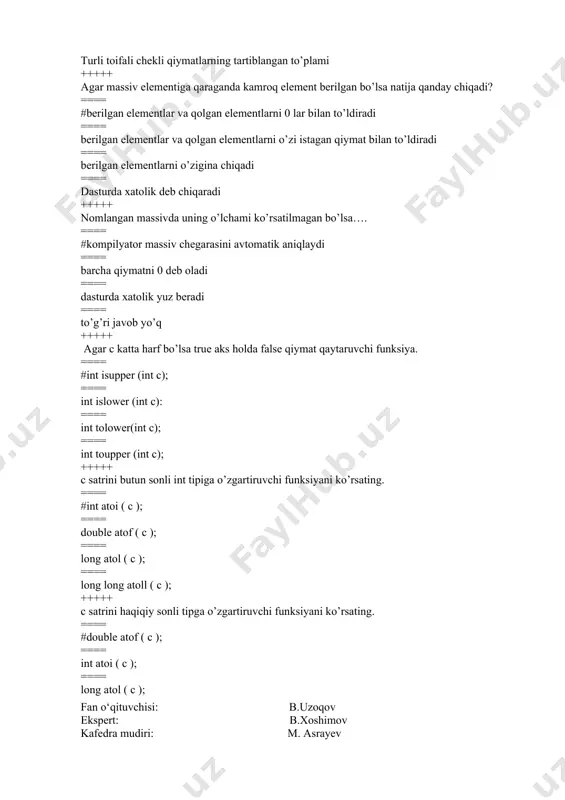 ay identifikatorlarni aniqlovchi soha sanaladi? ==== #barchasi ==== ma’lumot tiplari nomi ==== funksiyalar ==== o’zgaruvchilar +++++ o’zgaruvchi psevdonimi nima deb ataladi ? ==== #xavola ==== o’zgarmas ==== rekursiya ==== kursatkich +++++ ochilgan faylni yopish chun qaysi fayl ishlatiladi ? ==== #fclose ==== fopen ==== fleft ==== fright +++++ parametrli sikl operatoridan tog'ri foydalanilgan javobni ko'rsating. ==== #for (int i=0; i<=n; i++) ==== for (int i=0, i<=n, i++,) ==== for (int i=0, i<=n; i++) ==== for (int i=0; i<=n; i++ ;) +++++ qaysi funksiyada 100 marta murojat bo’lsa jami 100 lokal obyektlarning majmusi uchun joy ajratiladi? ==== #rekursiv ==== double ==== return ==== main +++++ qaysi sinf o’zgaruvchisi hotirada manzilga ega bo’lmaydi ? ==== #registr ==== extern ==== auto ==== statik +++++ qaysi xizmatchi so’zlardan identifikator sifatida foydalanib bo’lmaydi? ==== #barchasidan ==== float ==== for ==== while +++++ hisoblash mashinasiga algoritmni beruvchi ko`rsatmalar (buyruqlar)ning ketma-ketligi nima deyladi? ==== #dastur ==== amal …