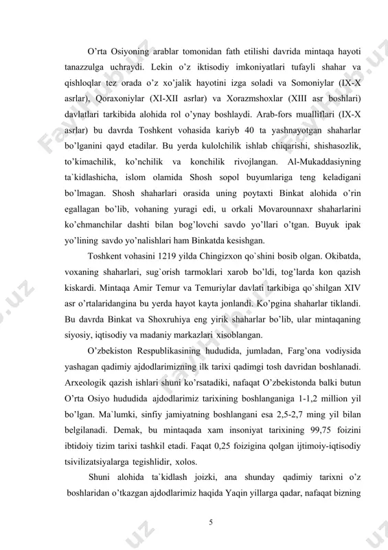 o’zagini o’zbek olimlari tashkil qilgan arxeologiya instituti tashkil etildi. ana shu ilmiy tekshirish instituti bazasida 10 dan ortiq fan doktorlari va 50 dai ortiq fan nomzodlari tayyorlanib, ular tomonidan ibtidoiy jamoa tuzumini barcha jabhalarini yorituvchi o’nlab yirik monografiyalar va yuzlab muhim muammolar echimiga oid ilmiy maqolalar yuzaga keldi bunday ilmiy izlanishlarni yakuni ajdodlarimizni ibtidoiy jamoa tuzumini barcha qirralarini yoritish uchun poydevor yaratgan bo’lsa, 1991 yilning 1 sentyabrida jonajon o`zbekistonimizning mustaqillikka yerishuvi barcha fanlar qatori, arxeologiya fani va uni mutaxassis olimlari uchun ulkan maqsadlarni amalga oshirishlariga juda katta imkoniyatlarni yaratib byerdi. muhtaram prezidentimiz islom abdug’anievich karimov aytganlaridek: «mustaqillik yillari o’z o’tmishimizni, o’z madaniyatimizni xolisona bilib olish davridir. bu jahon hamjamiyati, tarix oldidagi vazifamizni anglab olish davridir... bu davr ma`naviy uyg’onish va milliy o’zligini anglashning o’sish davridir» (i.a.karimov. 1995.) shunday ekan, shu kunning talabi mustaqil o’zbekistonimizdagi xar bir oriyati, vijdoni pok insonning kim bo’lishidan, qaysi kasbga mansub bo’lishidan qat`iy nazar, imkon qadar …