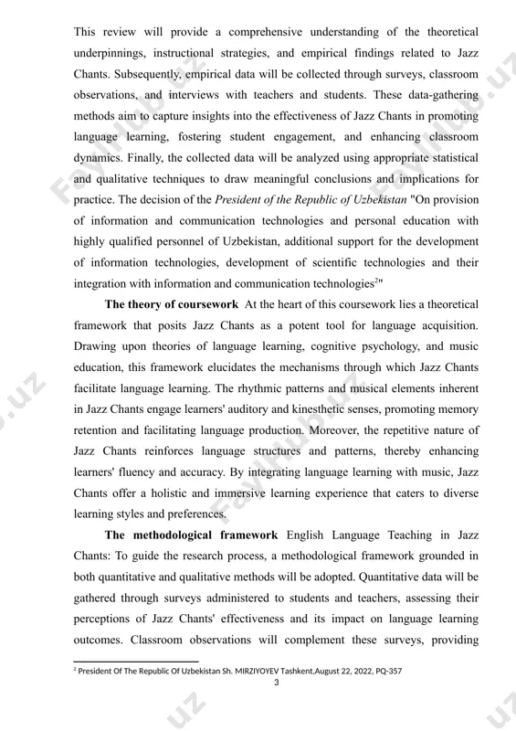 work lies a theoretical framework that posits jazz chants as a potent tool for language acquisition. drawing upon theories of language learning, cognitive psychology, and music education, this framework elucidates the mechanisms through which jazz chants facilitate language learning. the rhythmic patterns and musical elements inherent in jazz chants engage learners' auditory and kinesthetic senses, promoting memory retention and facilitating language production. moreover, the repetitive nature of jazz chants reinforces language structures and patterns, thereby enhancing learners' fluency and accuracy. by integrating language learning with music, jazz chants offer a holistic and immersive learning experience that caters to diverse learning styles and preferences. the methodological framework english language teaching in jazz chants: to guide the research process, a methodological framework grounded in both quantitative and qualitative methods will be adopted. quantitative data will be gathered through surveys administered to students and teachers, assessing their perceptions of jazz chants' effectiveness and …