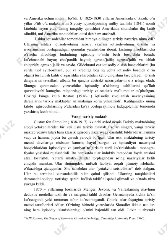 k degan g’oyalarni ilgari surishgan. rikardo va uning izdoshlari fizika faniga ko’r ko’rona ergashib xatoga yo’l qo’ygan deb qat’iy turib olishgan. ushbu maktabning vazminroq a’zolari esa nazariy-induktiv ta’limot va tarixiy-induktiv ta’limot bir vaqtda o’rinli ekanligini e’tirof etishadi, lekin qolganlar, ayniqsa niyes abstrakt nazariyaning har qanday qo’llaniishiga qarshi bo’lgan. klassik nazaryachilar aralashmaslikning tabiatidan kelib chiqib naf berishiga ishonishsa, list esa germaniya va fransiya uchun davlat nazorati muhim ekanligini muhokama qiladi. u sanoat holatidan kelib chiqib berilgan erkin savdo angliyaga manfaatli bo’lgan bo’lsada, cheklovlar va narx navo nazorati germaniy va amerika uchun muhim bo’ldi. u 1825-1830 yillarni amerikada o’tkazdi, o’n yillar o’tib o’z malakalarini siyosiy iqtisodiyotning milliy tuzilishi (1841) nomli kitobida bayon etdi. uning tanqidiy qarashlari amerikada shunchalar iliq kutib olindiki, uni amerika tanqidchilari otasi deb ham atashadi. ushbu iqtisodchilar tomonidan himoya qilingan tarixiy nazariya nima edi? ularning ishlari iqtisodiyotning asosiy vazifasi iqtisodiyotning o’sishi va rivojlanishini boshqaradigan qonunlar yaratishdan iborat. listning hisoblashicha …