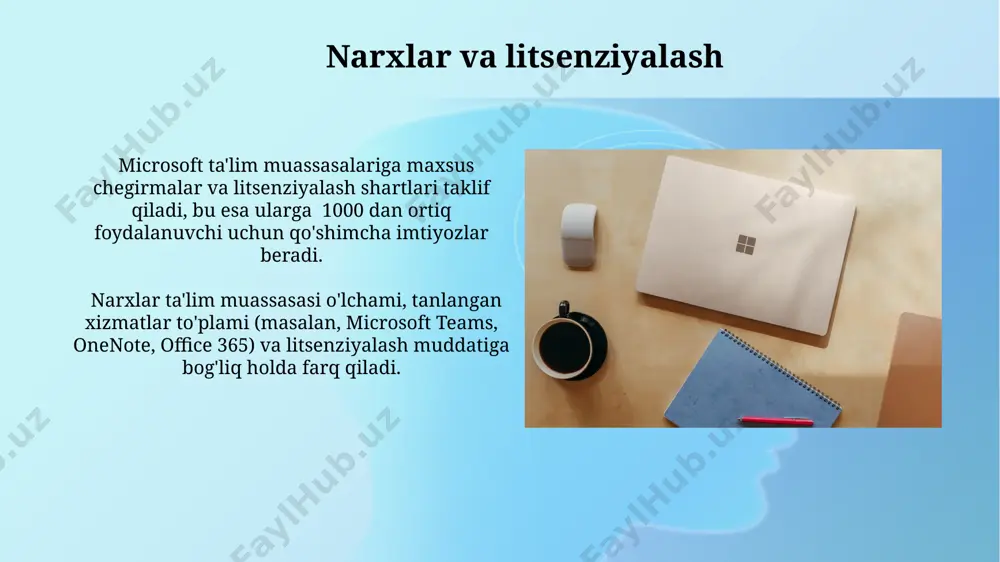 dagi 5 ta maktabda microsoft azure yordamida bulut texnologiyalari asosida ma'lumotlarni saqlash va himoya qilish tizimi joriy etildi, bu esa ma'lumotlar xavfsizligini 95% ga oshirdi. toshkent shahridagi 20 ta maktabda microsoft office 365 ta'lim dasturlari qo'llanilishi natijasida o'quvchilarning ijodkorlik darajasi va raqamli savodxonligi 25% ga o'sdi, bu esa yangi texnologiyalarni qo'llashga bo'lgan qiziqishni kuchaytirdi. xavfsizlik va maxfiylik microsoft 365 education platformasi, 99,9% ga yaqin vaqt davomida ishlashni kafolatlaydigan, ko'p qatlamli xavfsizlik tizimi bilan himoyalangan bo'lib, potentsial tahdidlarni oldini olishga yordam beradi. talabalarning shaxsiy ma'lumotlari gdpr va ferpa kabi qonunlarga muvofiq ravishda himoyalanadi va maxfiy saqlanadi, bu esa ma'lumotlarning 100% xavfsizligini ta'minlashga qaratilgan. o'qituvchilar uchun vositalar microsoft onenote orqali o'qituvchilar o'quv rejalarini, dars ishlanmalarini, baholovchi mezonlarni va talabalar ishlarini tizimli ravishda saqlashi va 500 mb gacha fayllarni yuklashi mumkin. o'qituvchilar uchun mavjud bo'lgan microsoft forms yordamida 1000 tagacha javobni qabul qiladigan testlar va so'rovnomalar yaratish, natijalarni tahlil qilish va o'quv jarayonini …